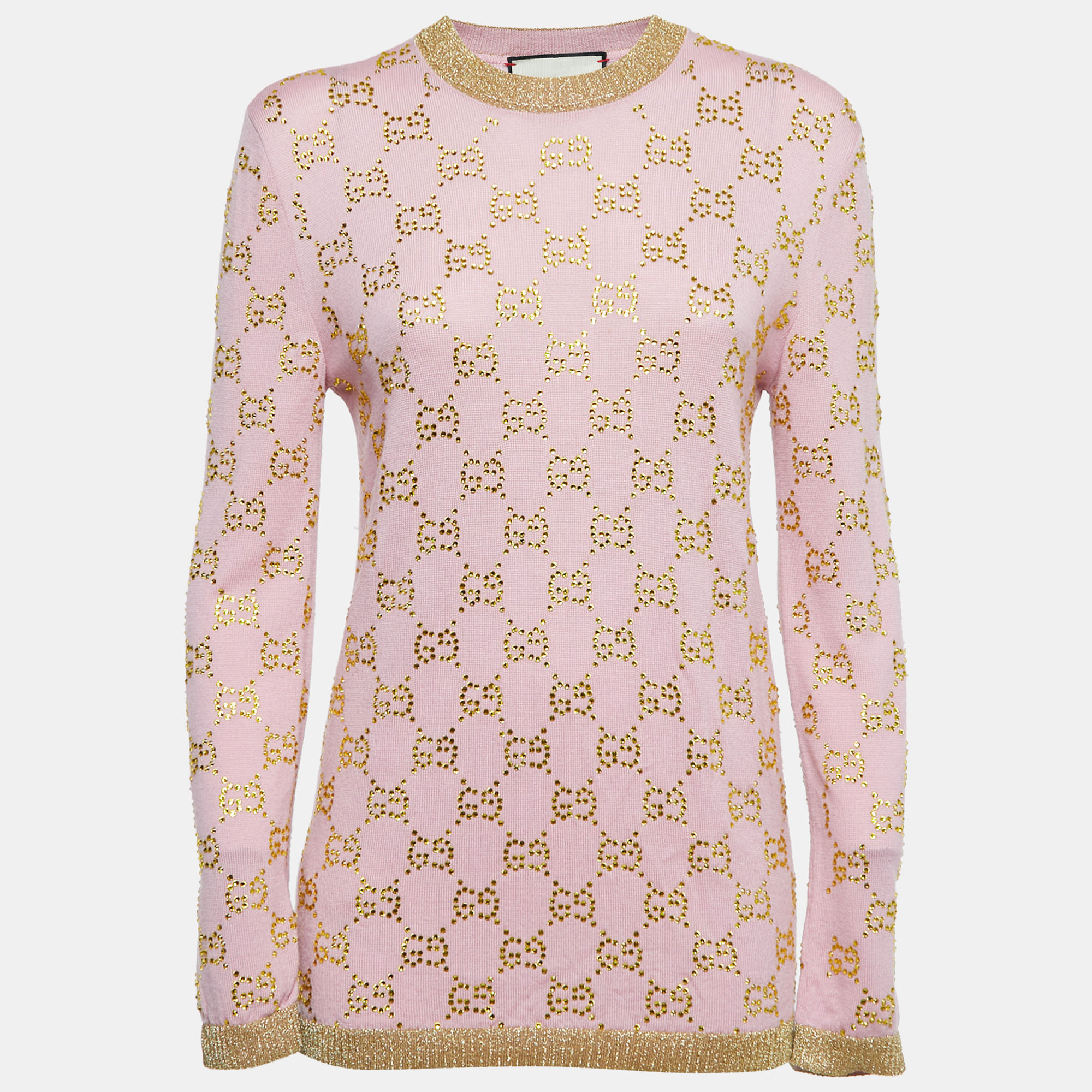 Pre Owned Gucci Pink & Gold GG Logo Crystal Wool Jumper S