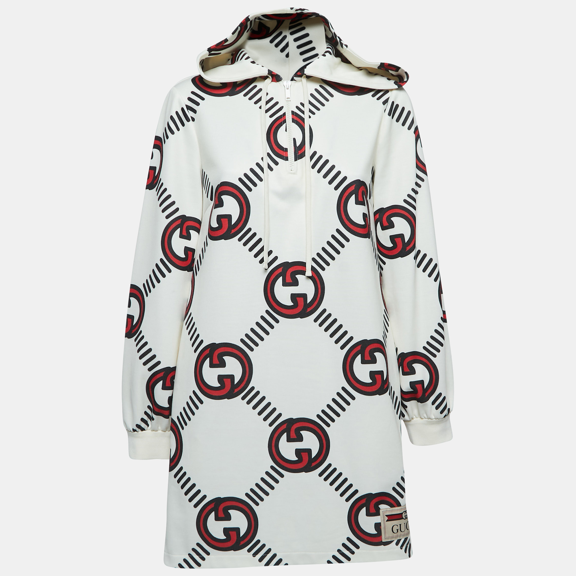 Pre-owned Gucci Cream Logo Printed Jersey Hoodie Dress S