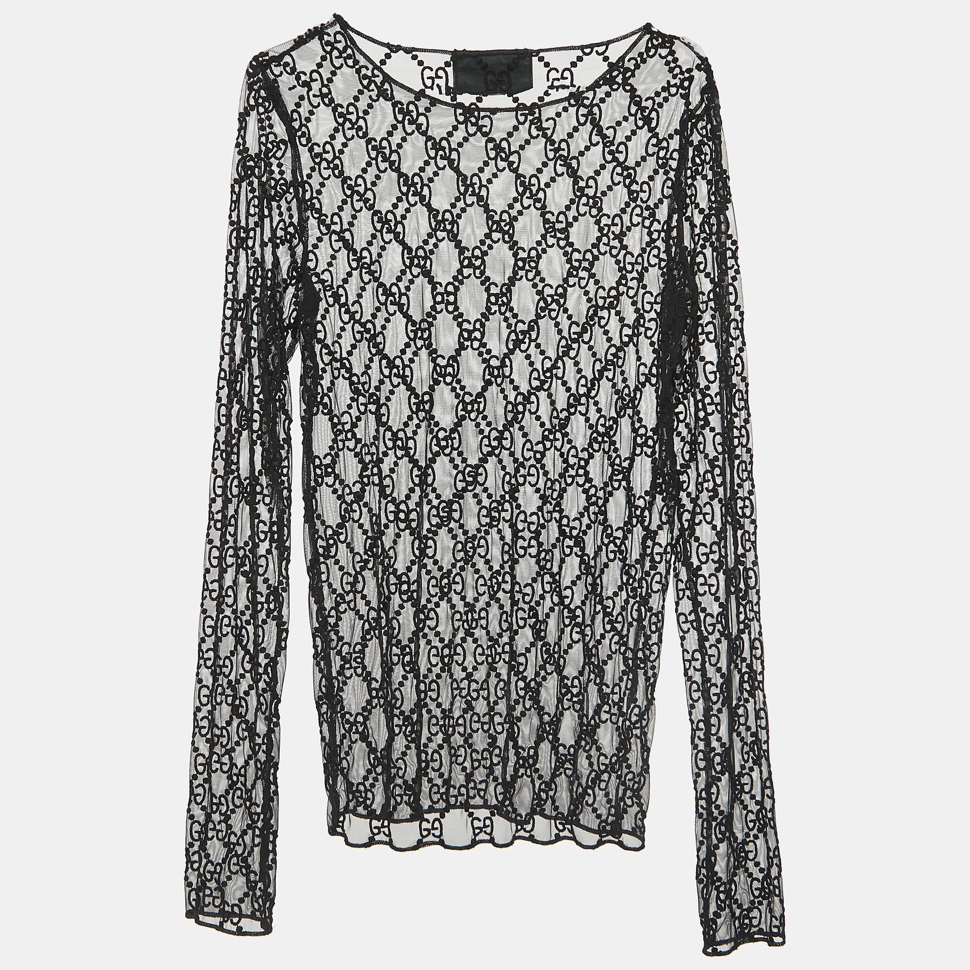 

Gucci Black Logo Embroidered Tulle Long Sleeve Top
