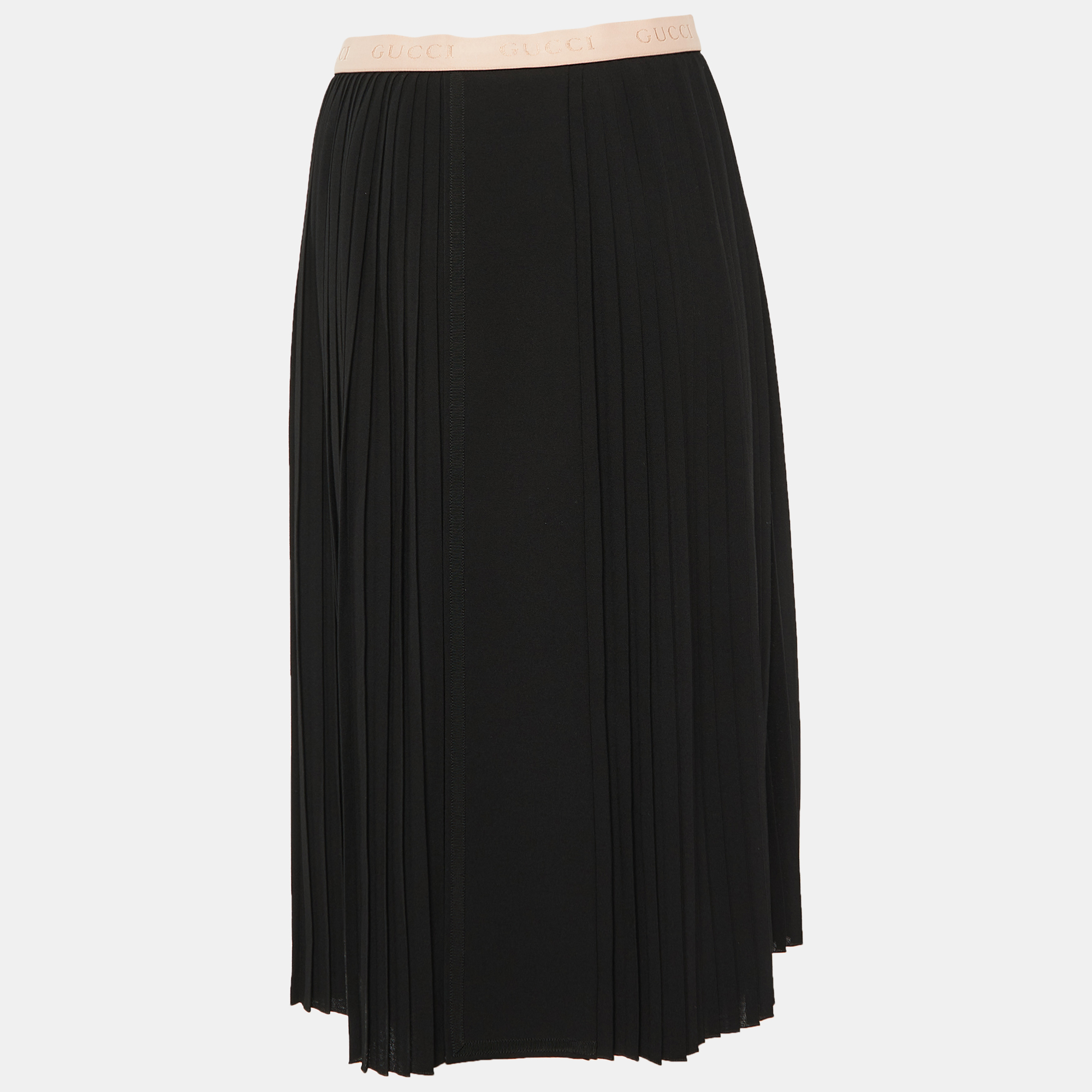

Gucci Black Plisse Crepe Contrast Waist Band Detail Midi Skirt