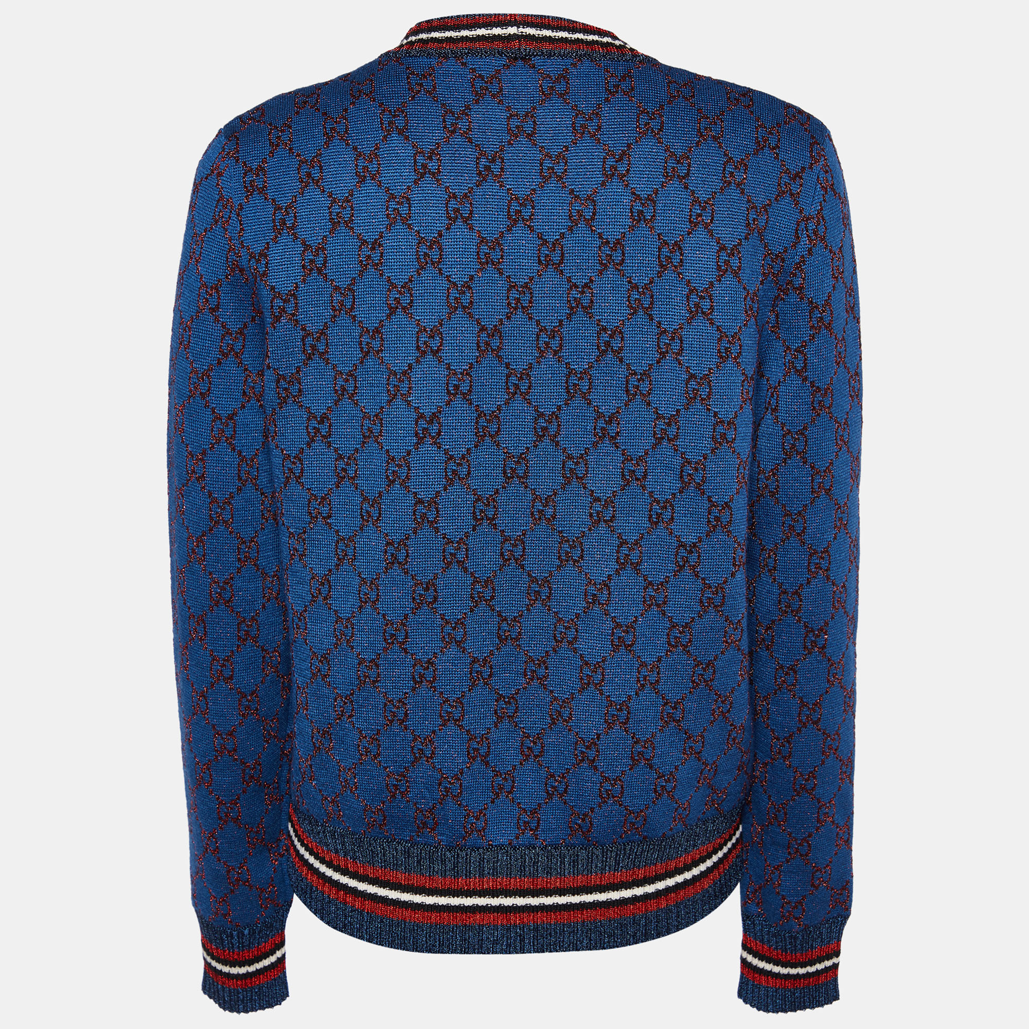 

Gucci Navy Blue Lurex Logo Jacquard Knit Button front Cardigan