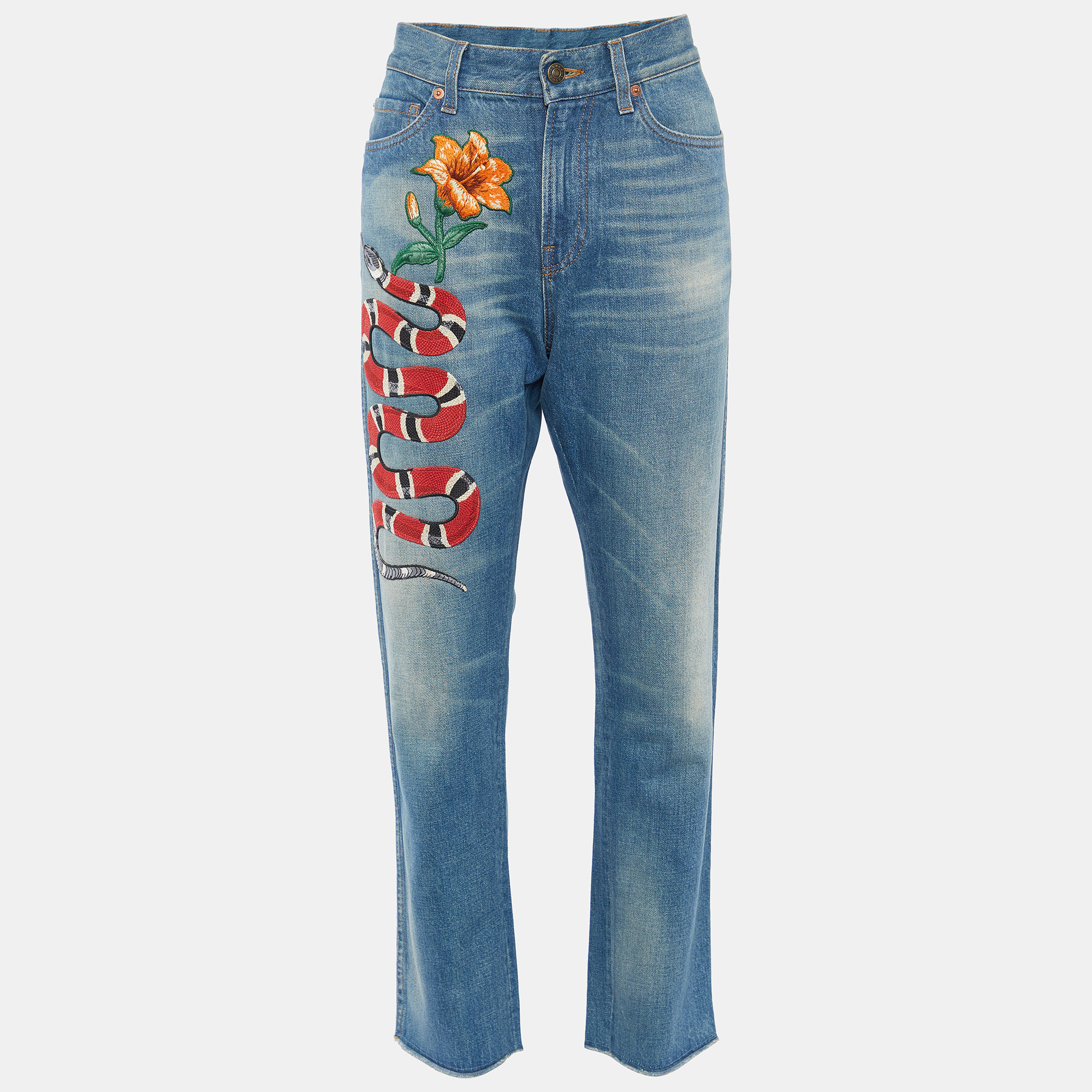 Pre-owned Gucci Blue Floral Snake Embroidered Denim Boyfriend Fit Jeans S/waist 32"