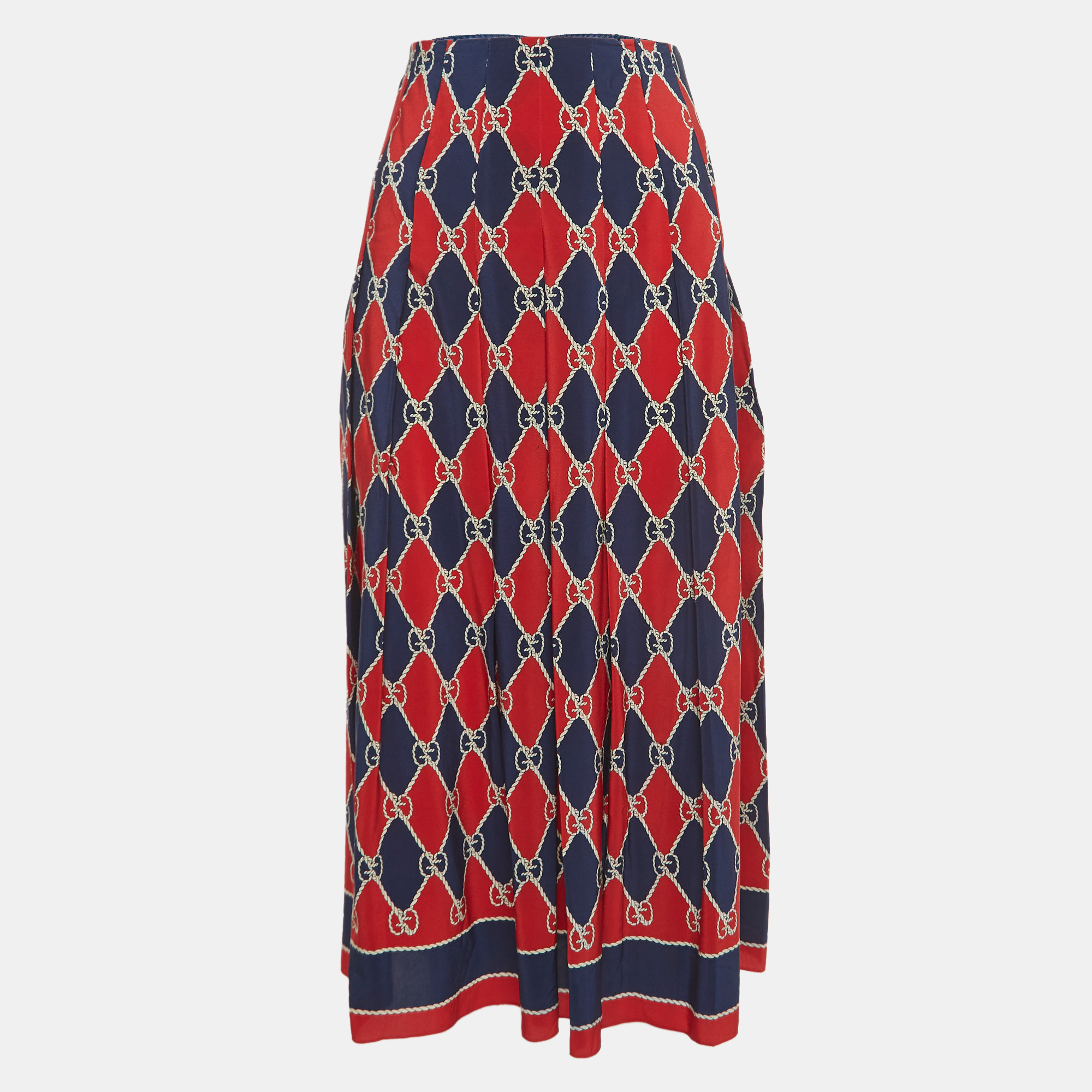 Gucci Navy Blue/Red GG Print Silk Paneled Midi Skirt S