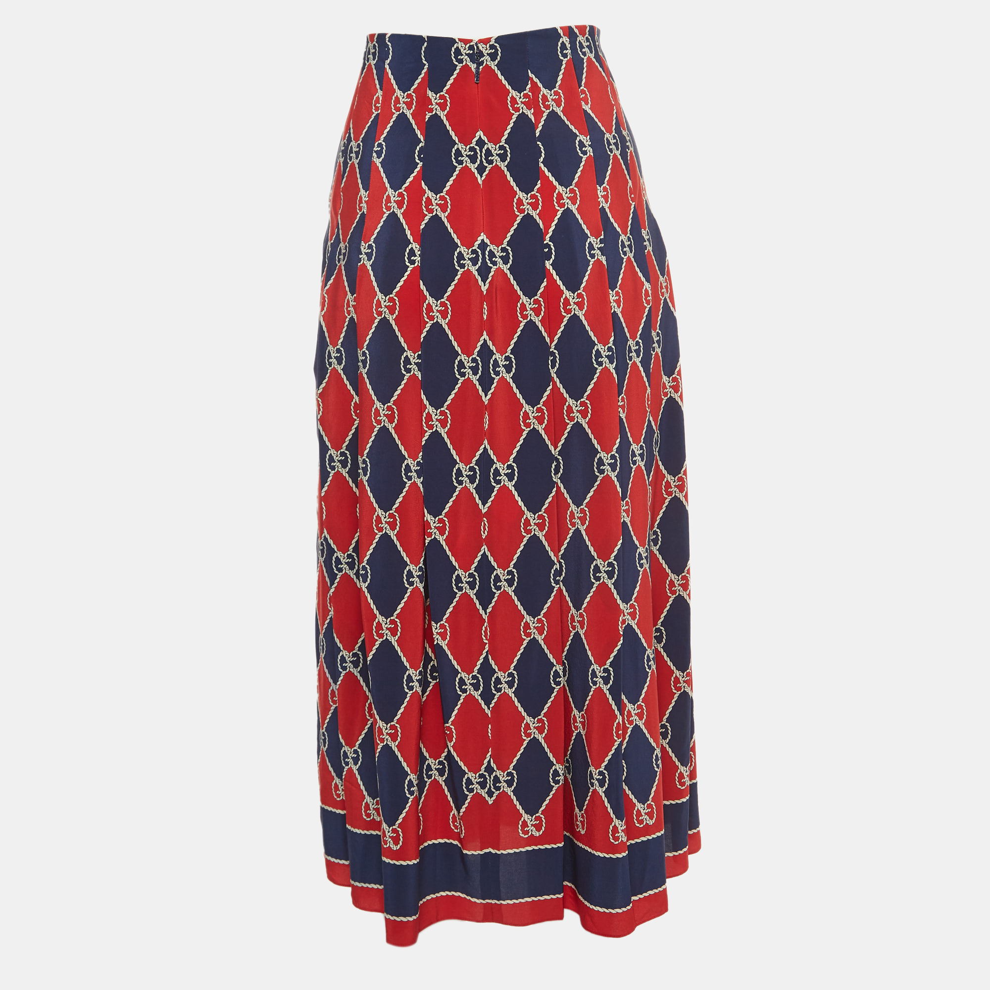 

Gucci Navy Blue/Red GG Print Silk Paneled Midi Skirt