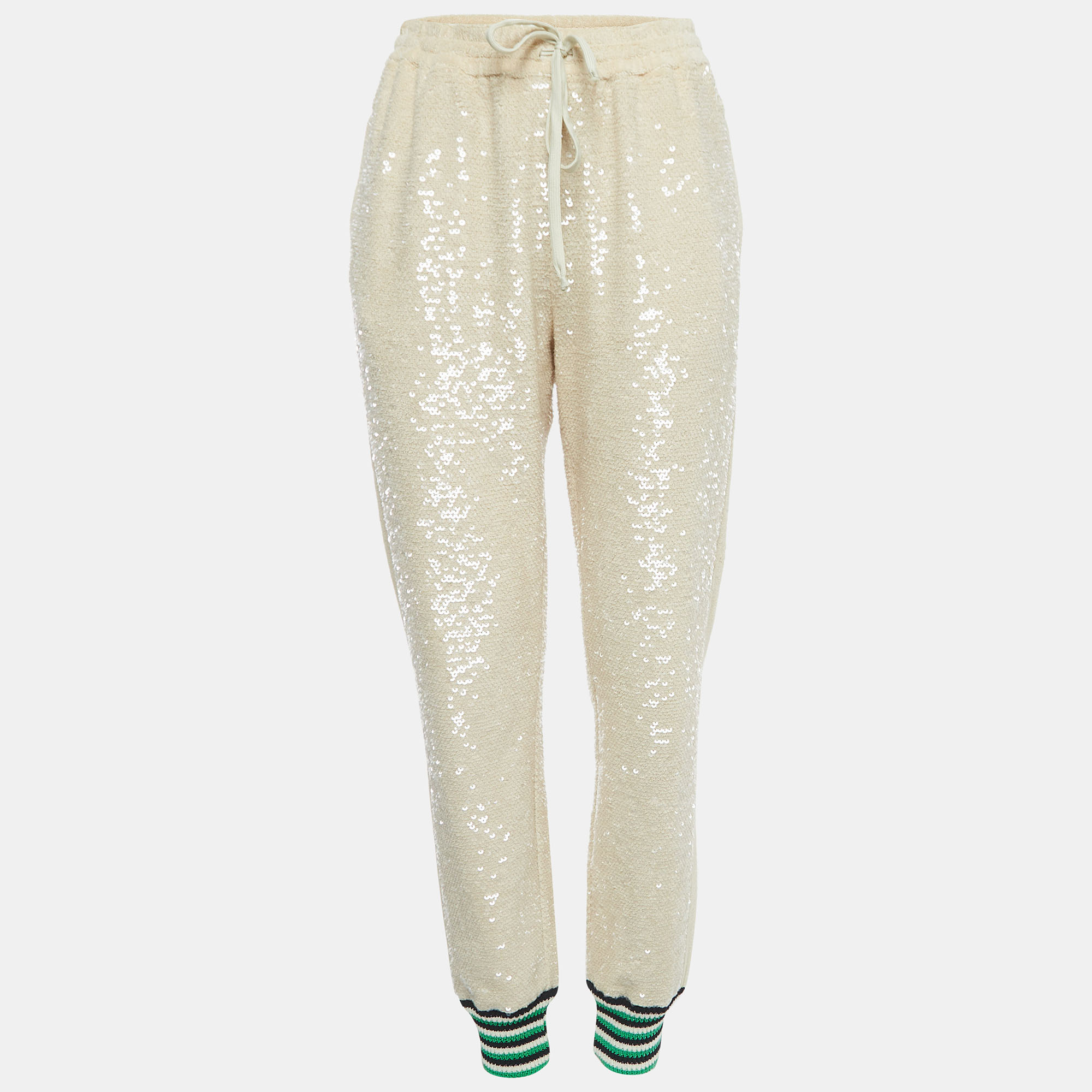 Pre-owned Gucci Beige Sequined Cotton Drawstring Joggers L