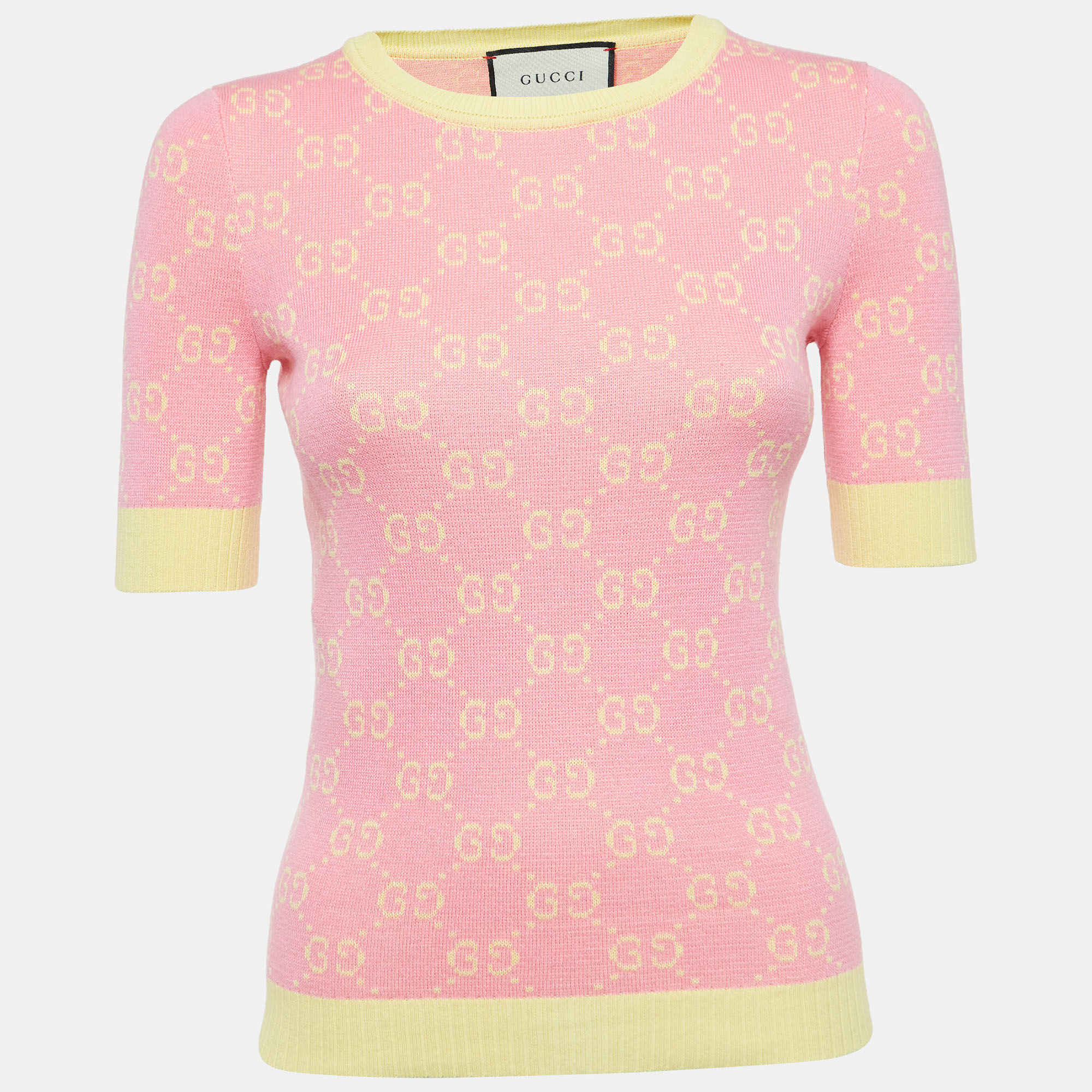 

Gucci Pink/Yellow Logo Jacquard Knit Top XXS