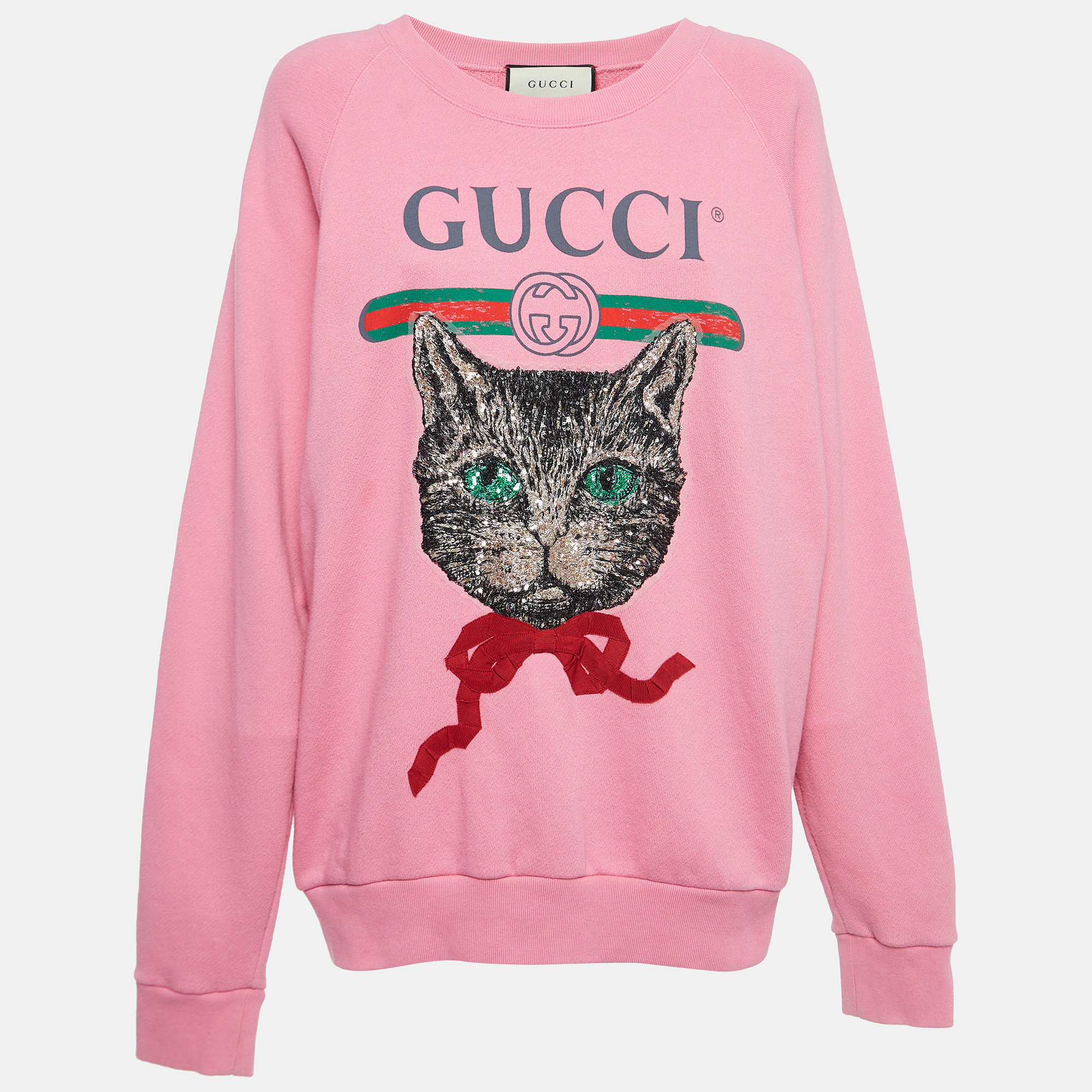 Pre-owned Gucci Pink Mystic Cat Logo Print Cotton Sweatshirt M