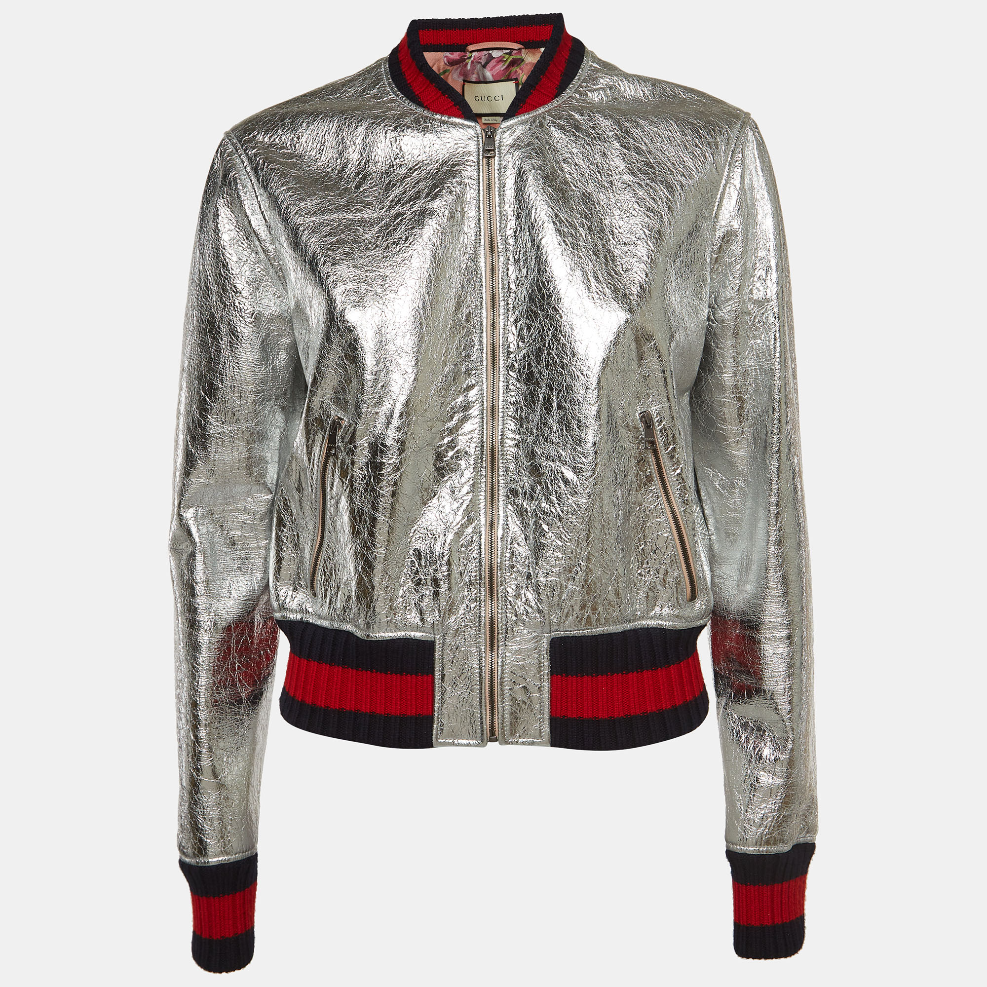 Pre-owned Gucci Silver Metallic Crinkled Leather Bomber Jacket L