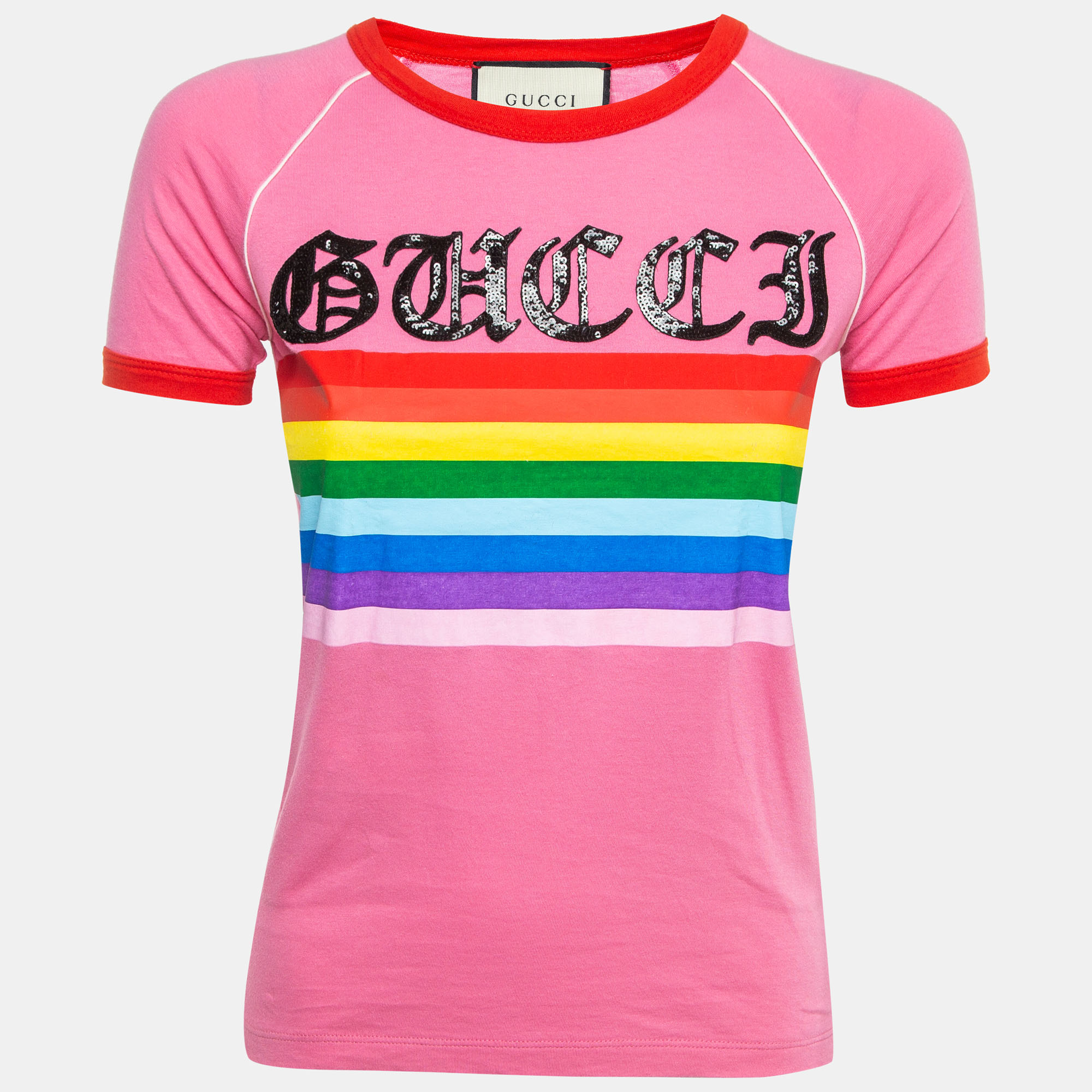 Pre-owned Gucci Pink Rainbow Print Cotton T-shirt Xs