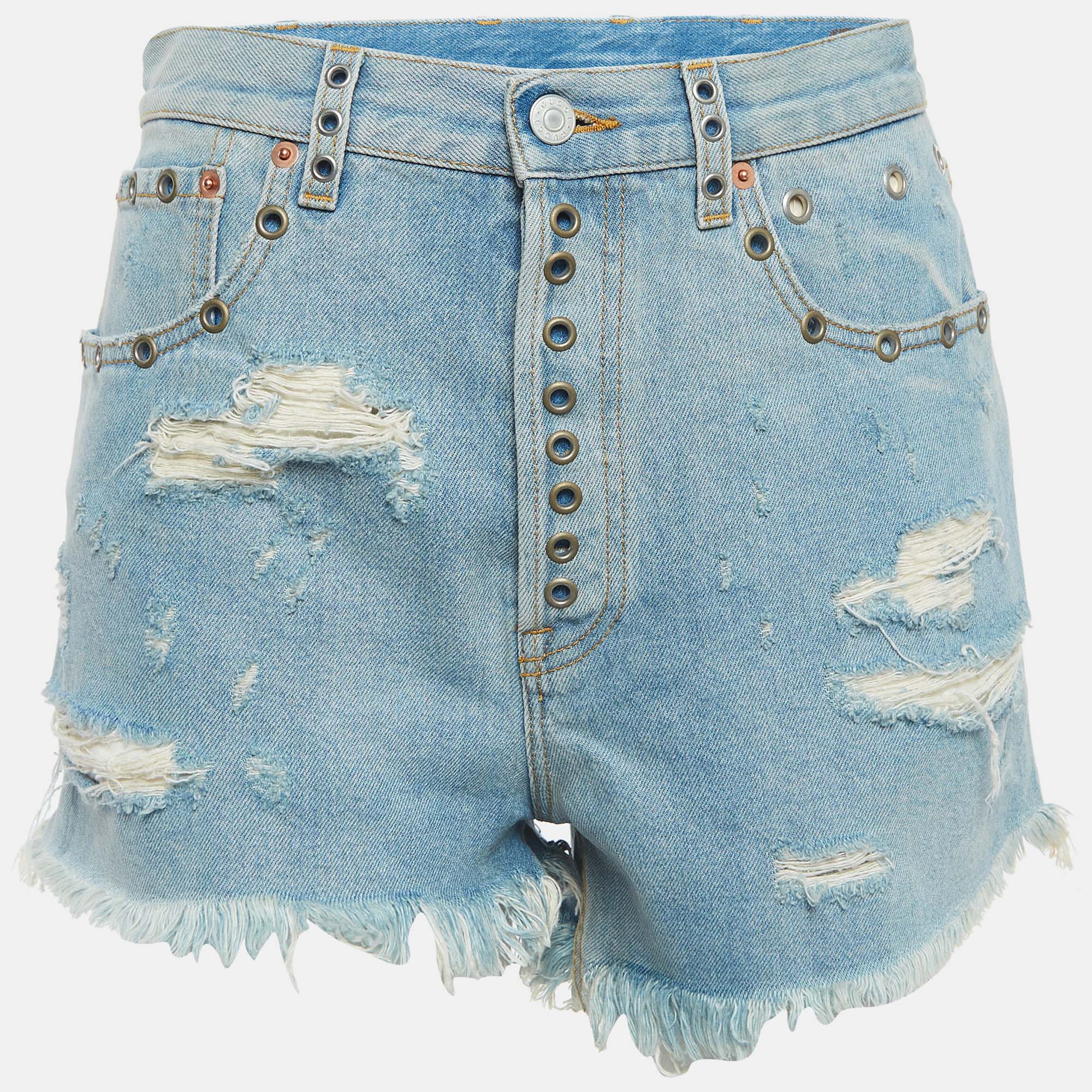 

Gucci Blue Distressed Denim Embellished Shorts M Waist 29"