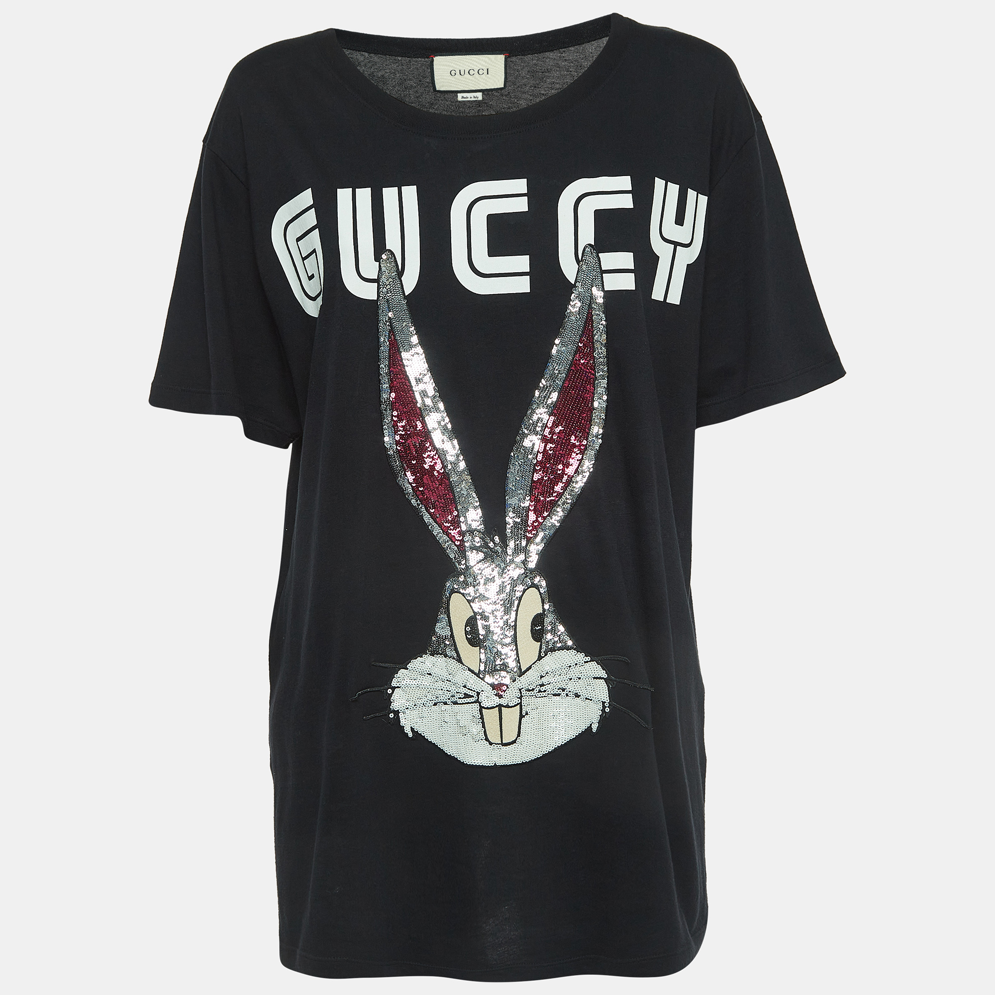 Pre-owned Gucci Black Printed Sequin Embellished Cotton T-shirt M