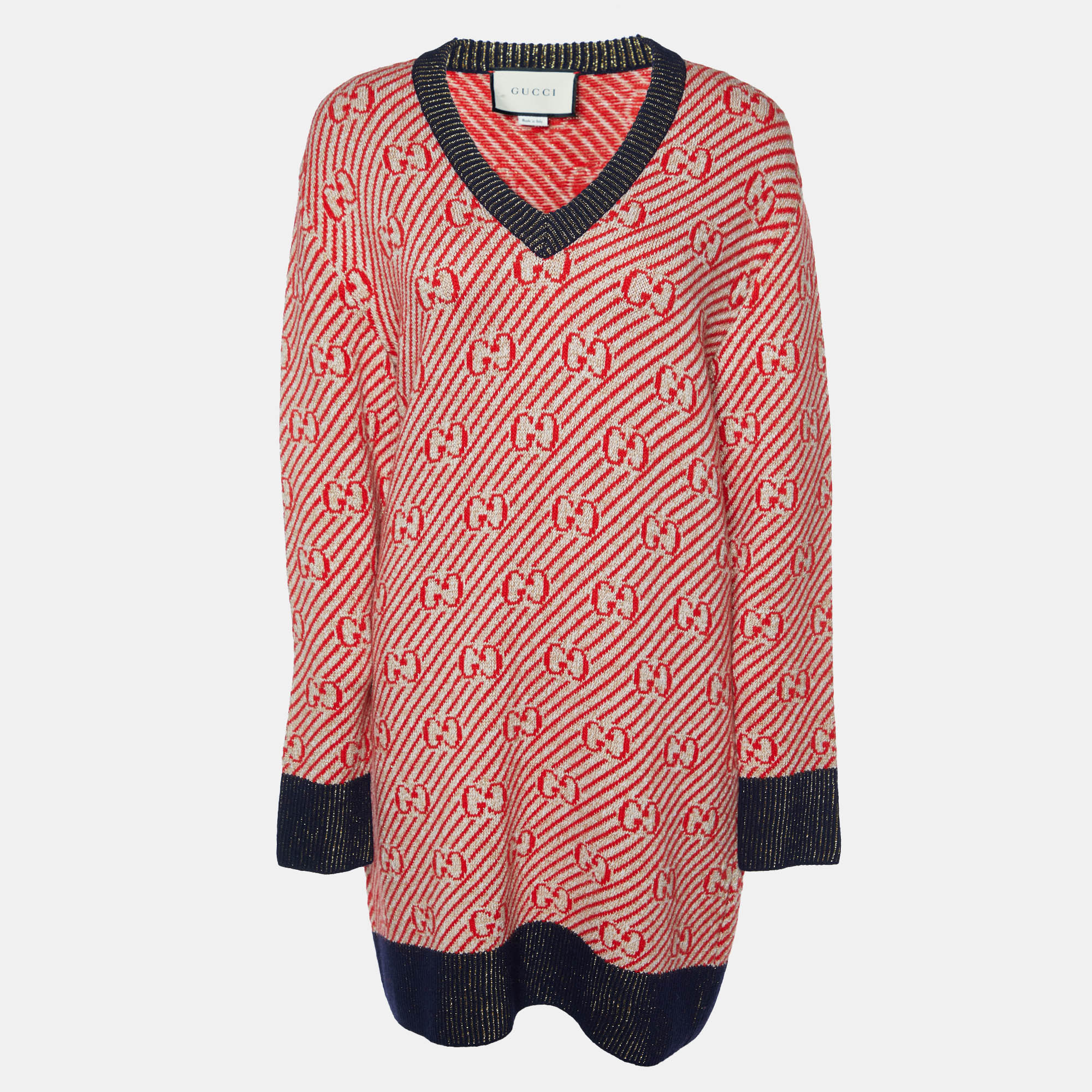 

Gucci Red GG Striped Lurex Wool Knit Oversized Sweater