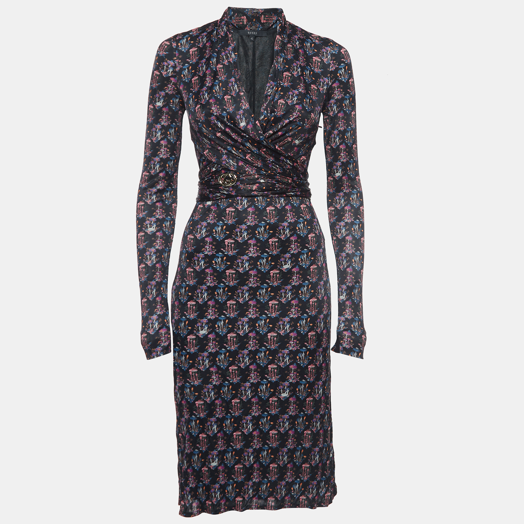 Pre-owned Gucci Black Floral Print Jersey Wrap Dress M