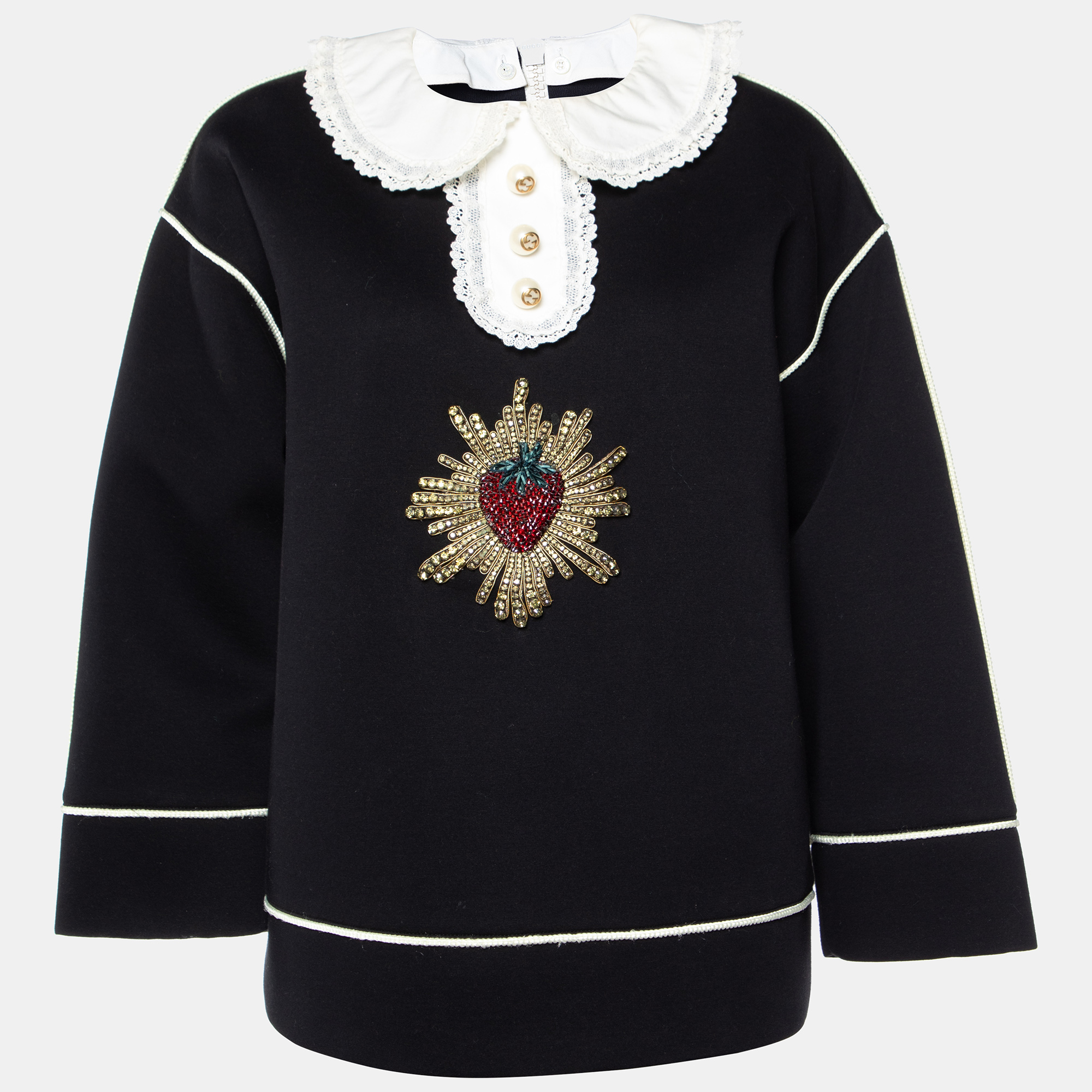 

Gucci Black Strawberry Embellished Fleece Cotton Long Sleeve Top