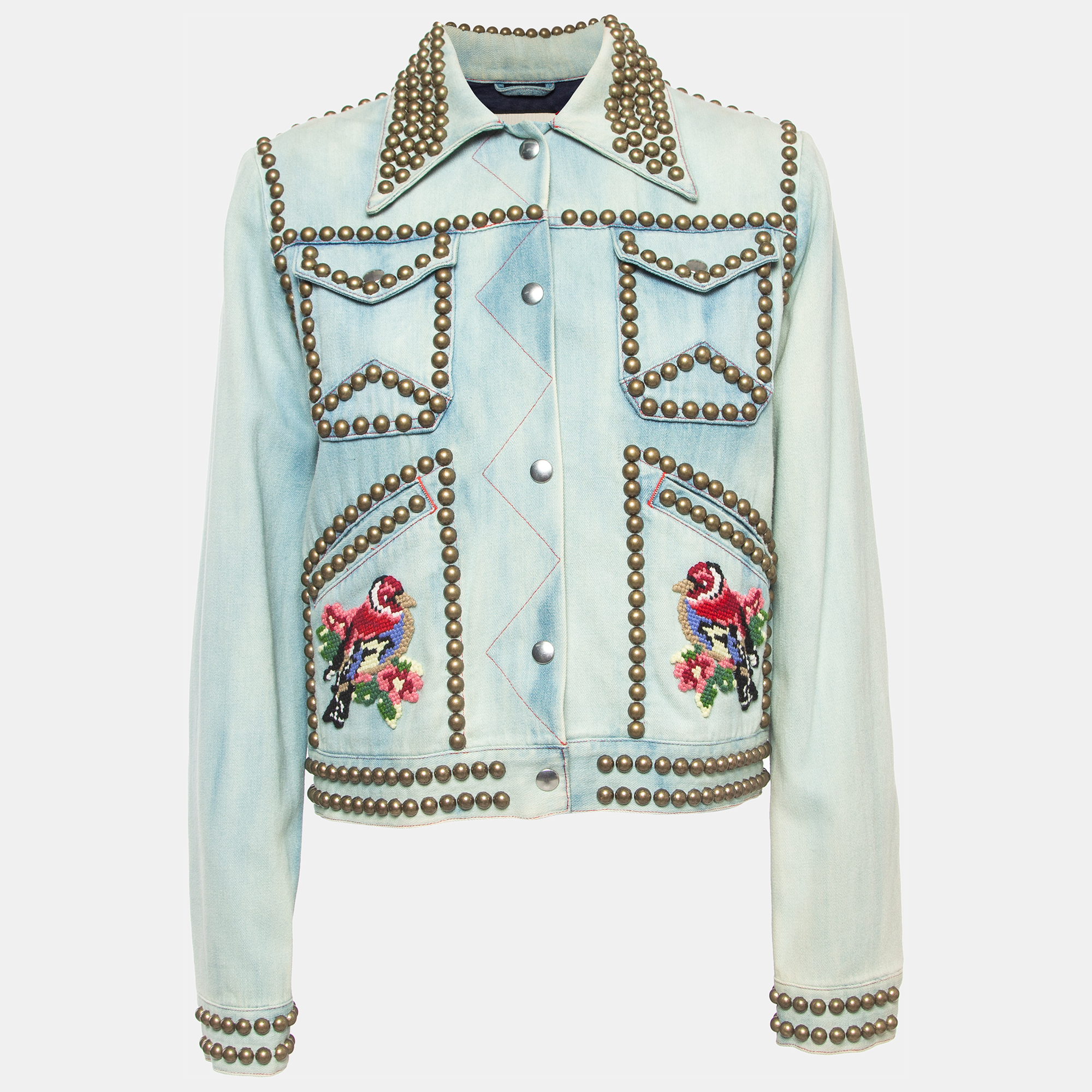 Pre-owned Gucci Blue Bird Applique Denim Studded Jacket M