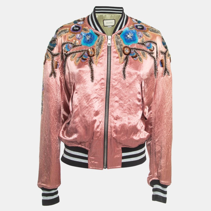 

Gucci Pink Floral Sequin Embroidered Satin Bomber Jacket M