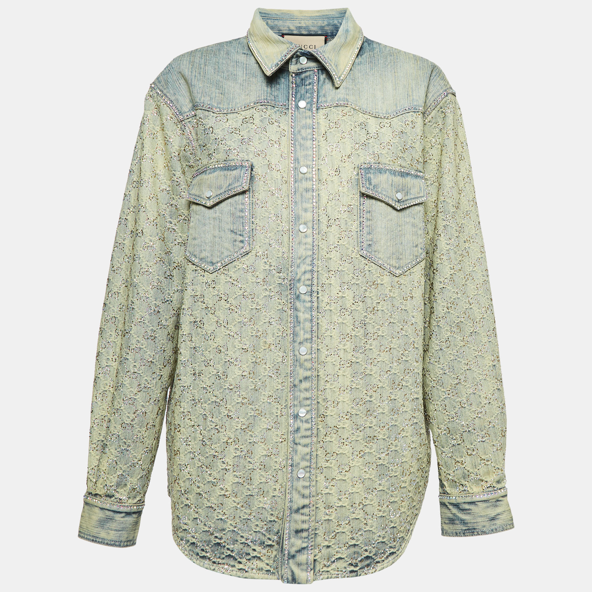 

Gucci Blue GG Jacquard Washed Denim Crystal Embellished Shirt