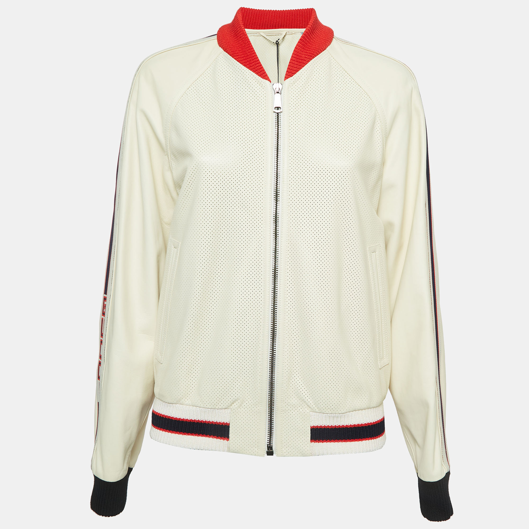 

Gucci Cream Logo Print Leather Perforated Detail Bomber Jacket L