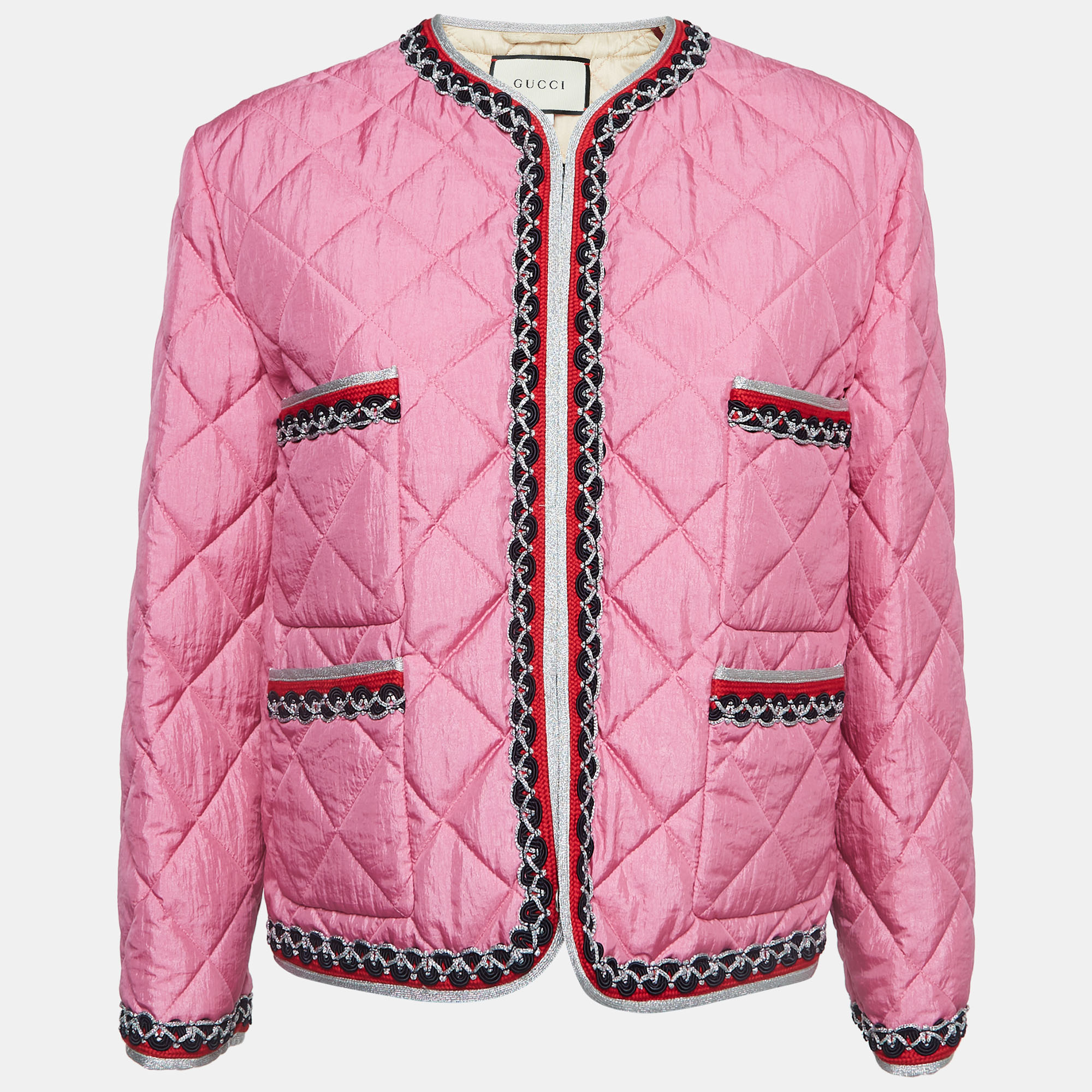 Pre-owned Gucci Pink Quilted Nylon Contrast Trim Collarless Jacket M