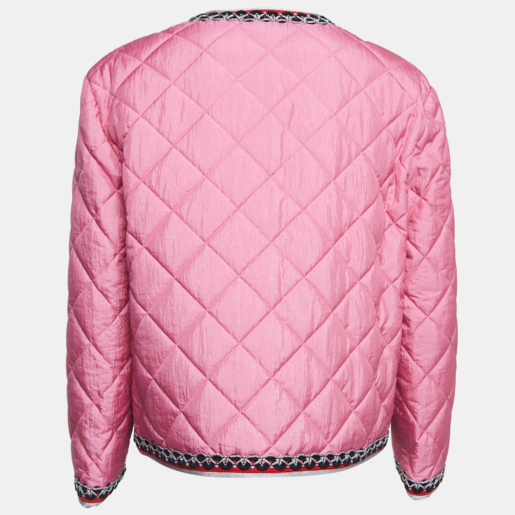 

Gucci Pink Quilted Nylon Contrast Trim Collarless Jacket