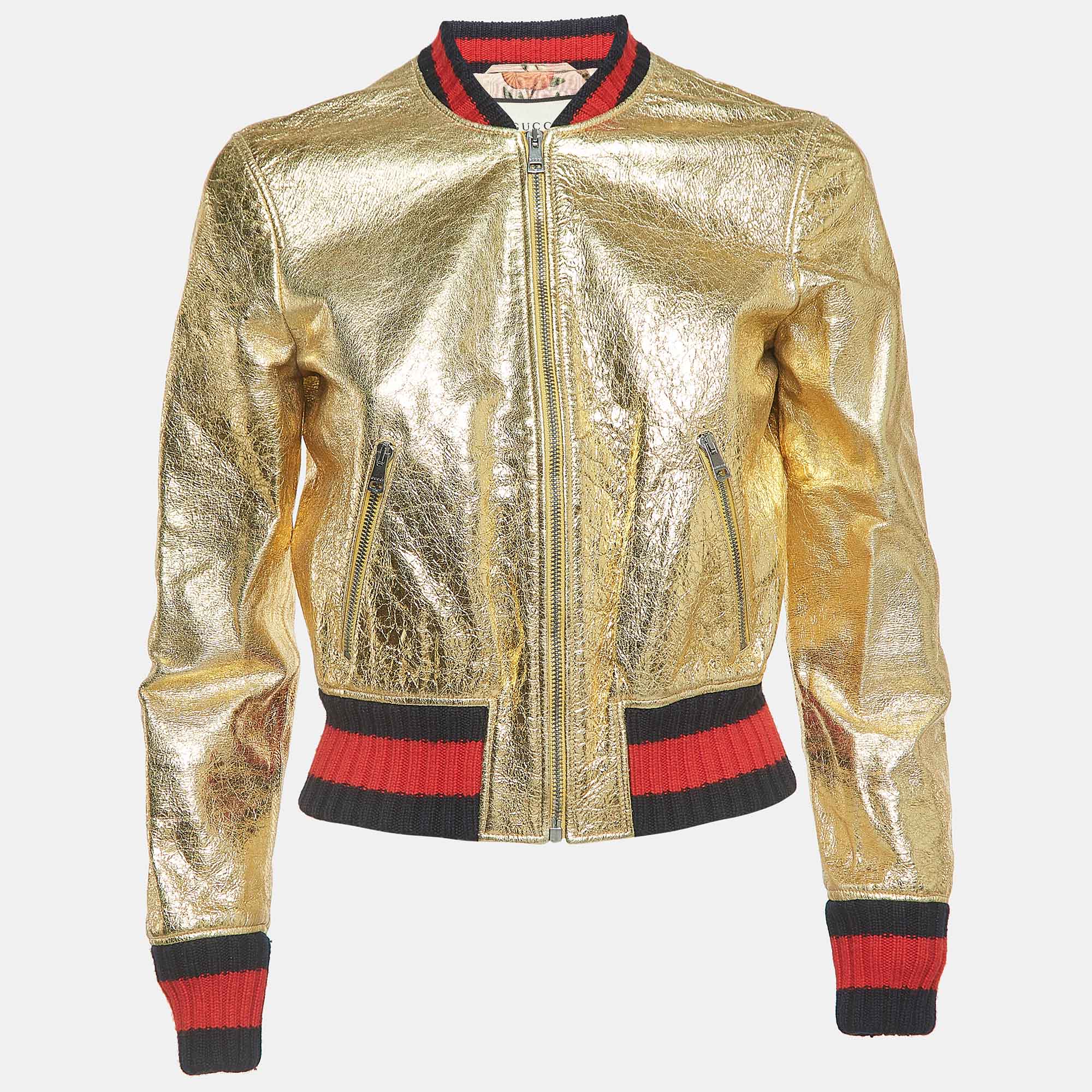 

Gucci Gold Crinkled Leather Bomber Jacket S