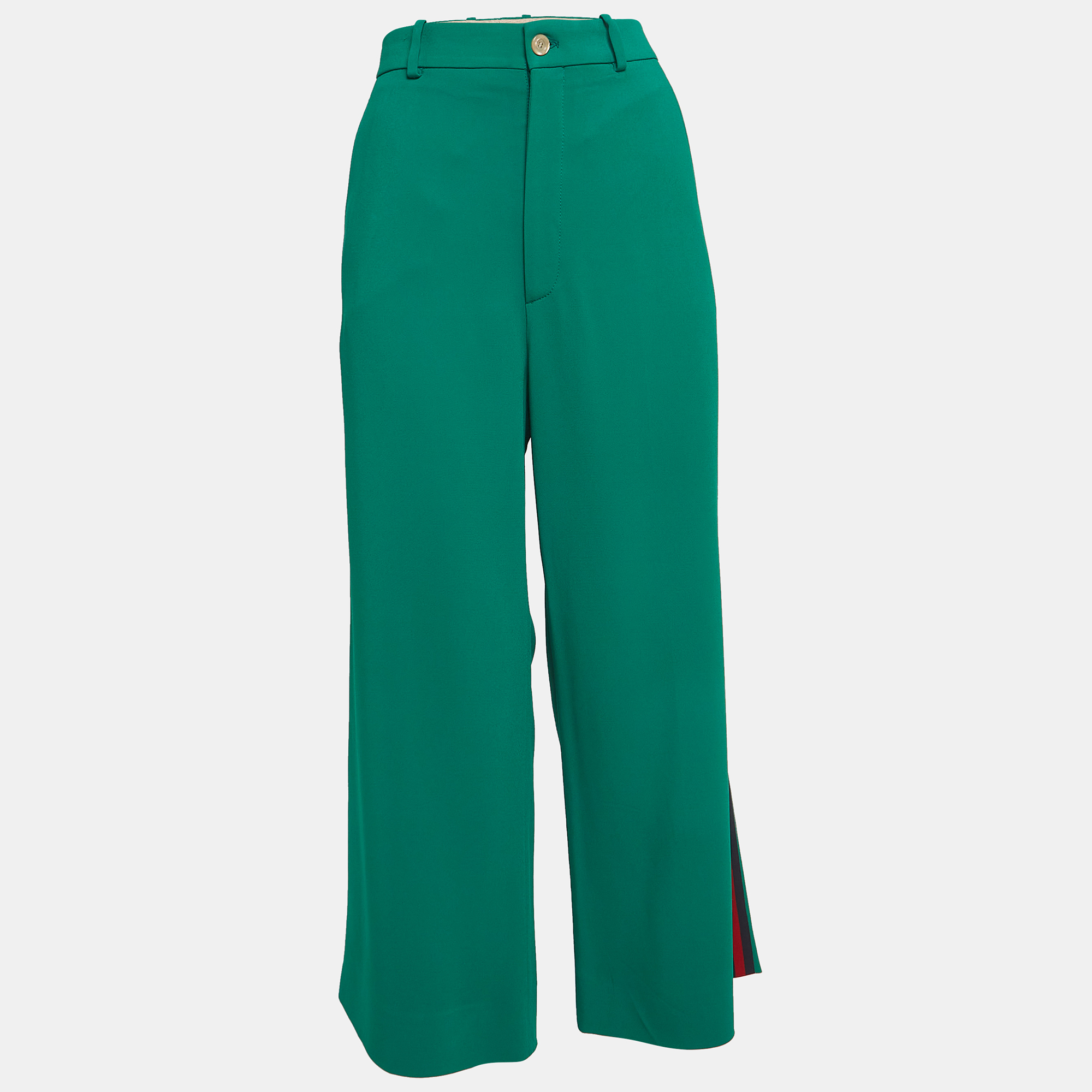 

Gucci Green Crepe Web Detail Wide-Leg Pants