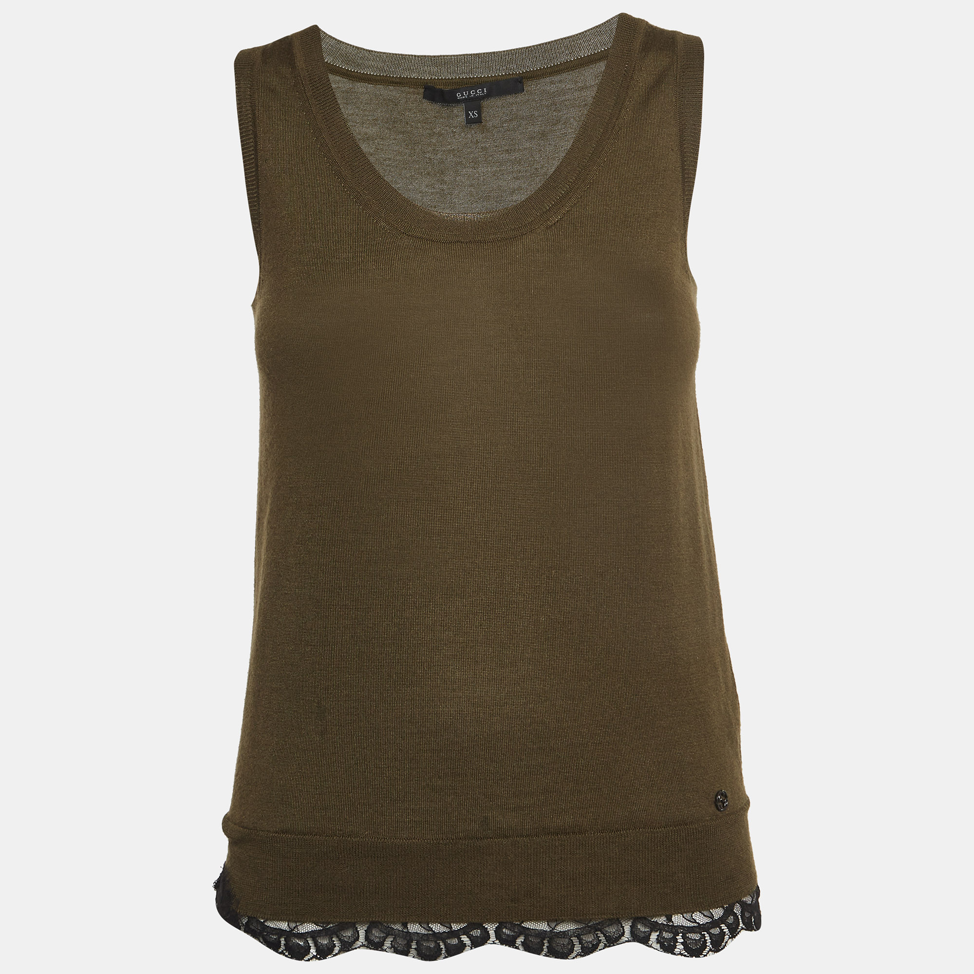 

Gucci Olive Green Knit Lace Trimmed Sleeveless Top XS