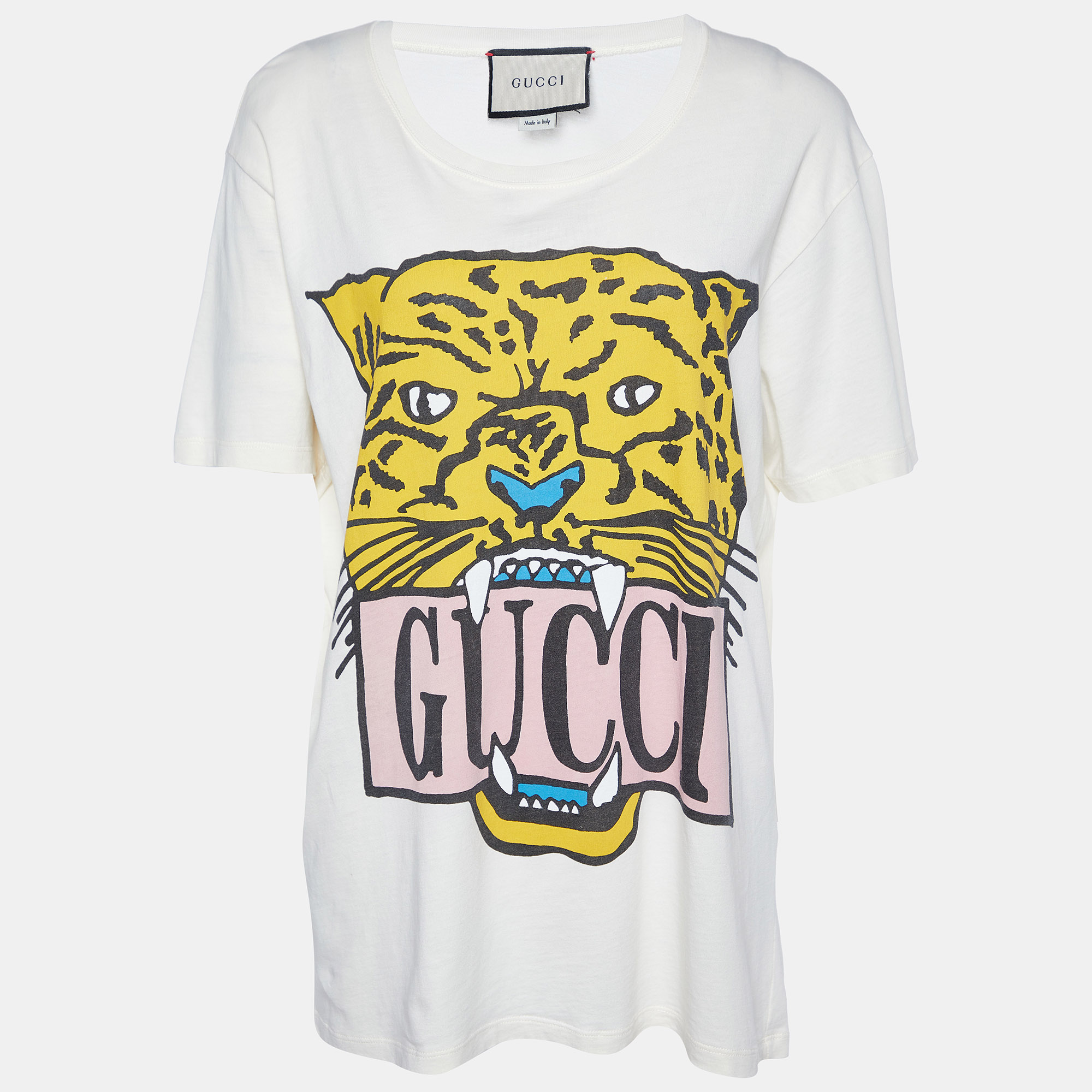 Pre-owned Gucci Cream Tiger Print Cotton Oversized Crew Neck T-shirt M