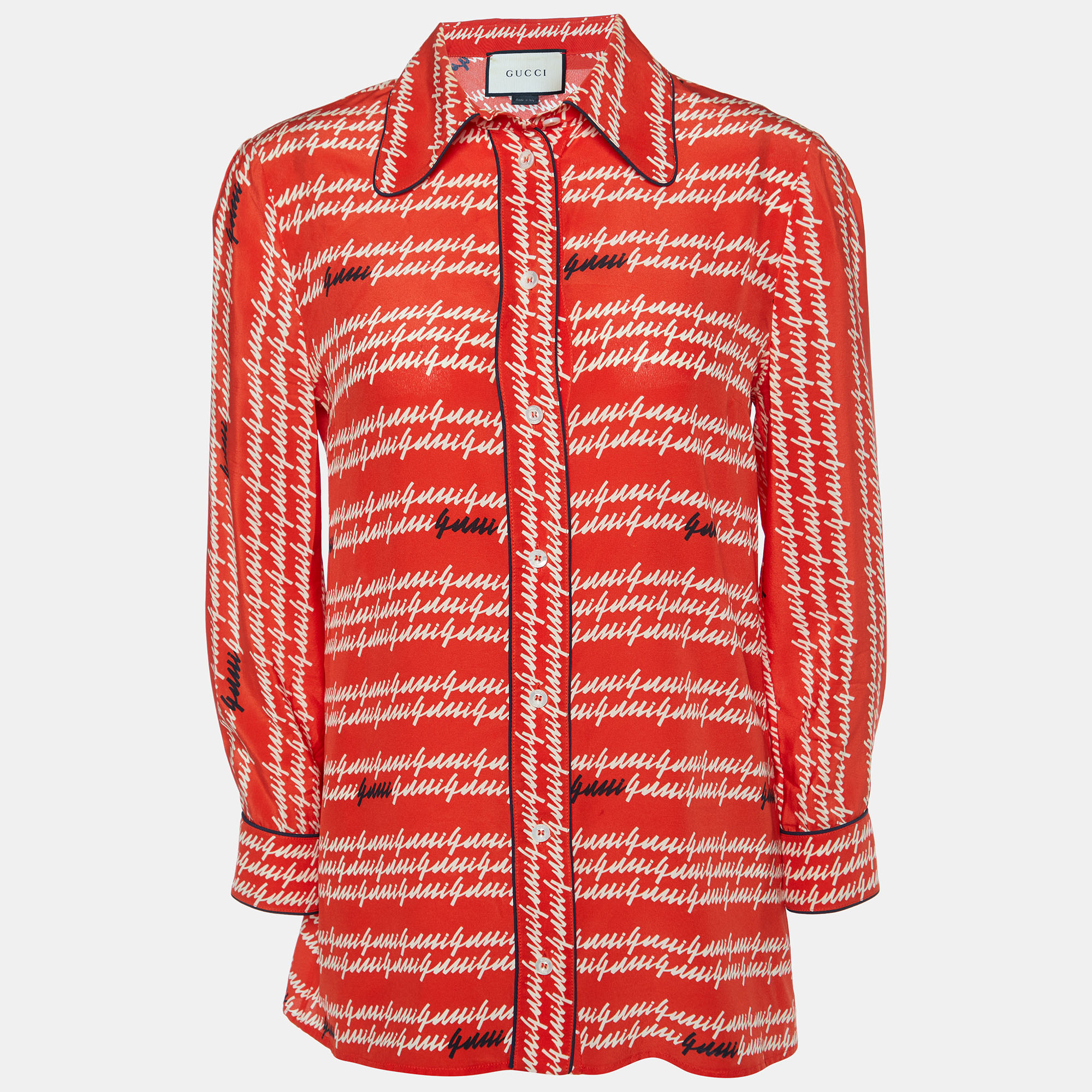 Gucci Coral Red Signature Logo Print Silk Button Front Shirt S