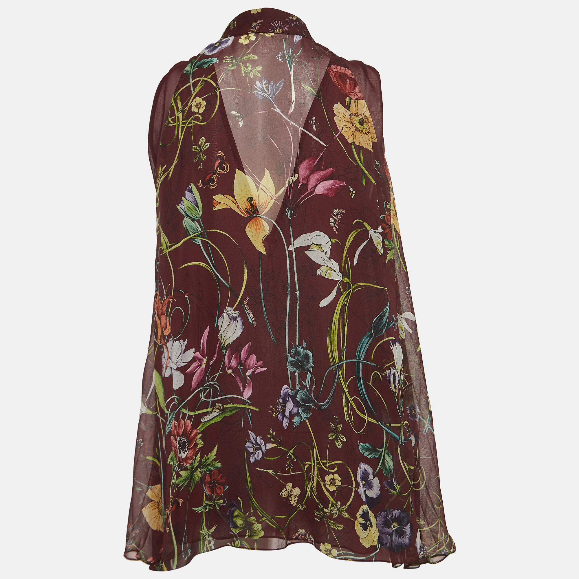 

Gucci Burgundy Floral Print Silk Pleated Halter Neck Blouse