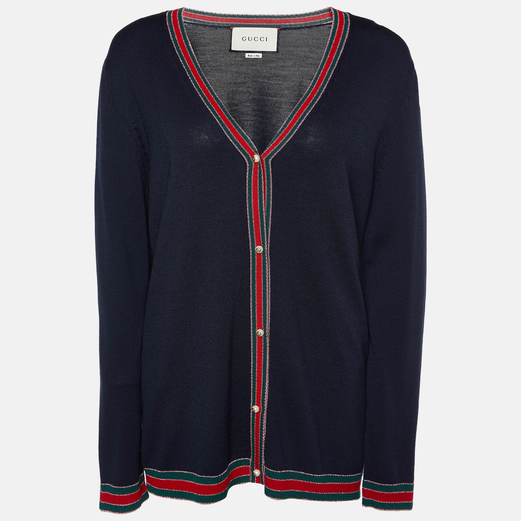 Pre Owned Gucci Navy Blue Wool Knit Web Trimmed Button Front Cardigan XXL