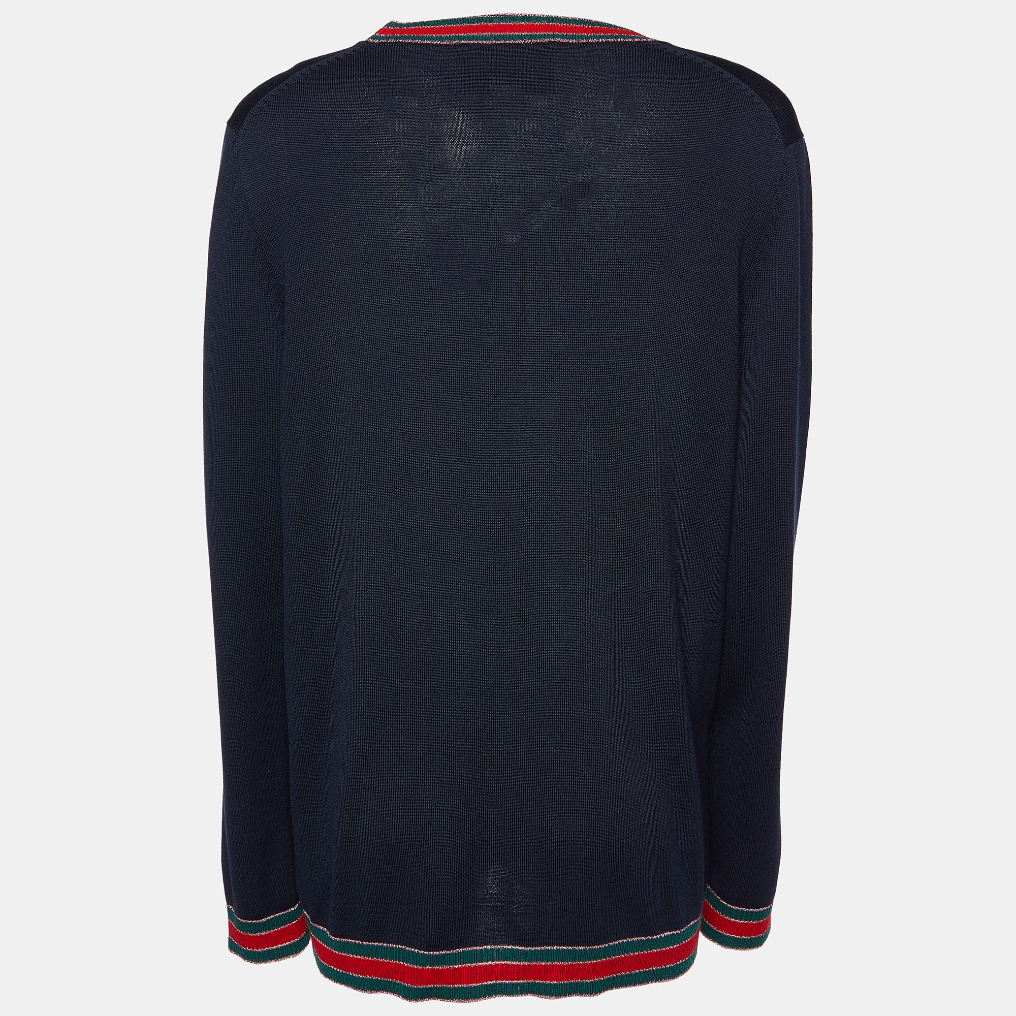 

Gucci Navy Blue Wool Knit Web Trimmed Button Front Cardigan