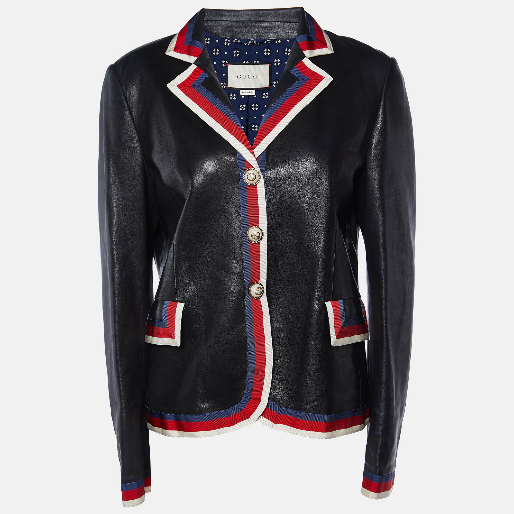Pre-owned Gucci Black Leather Web Trim Appliqued Button Front Jacket L