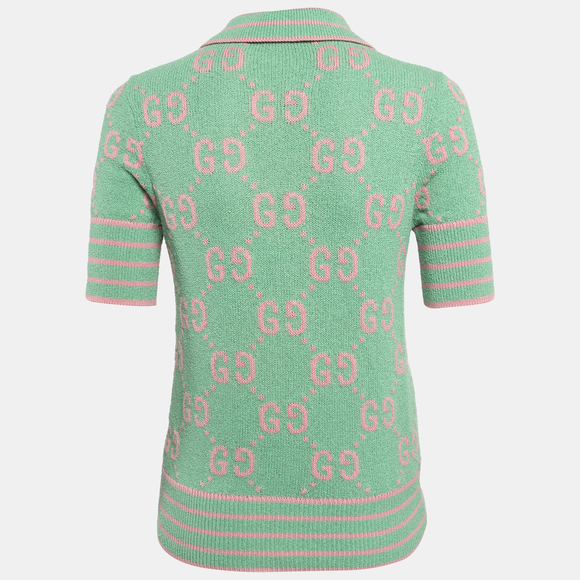 

Gucci Green GG Intarsia Cotton Knit Polo Top