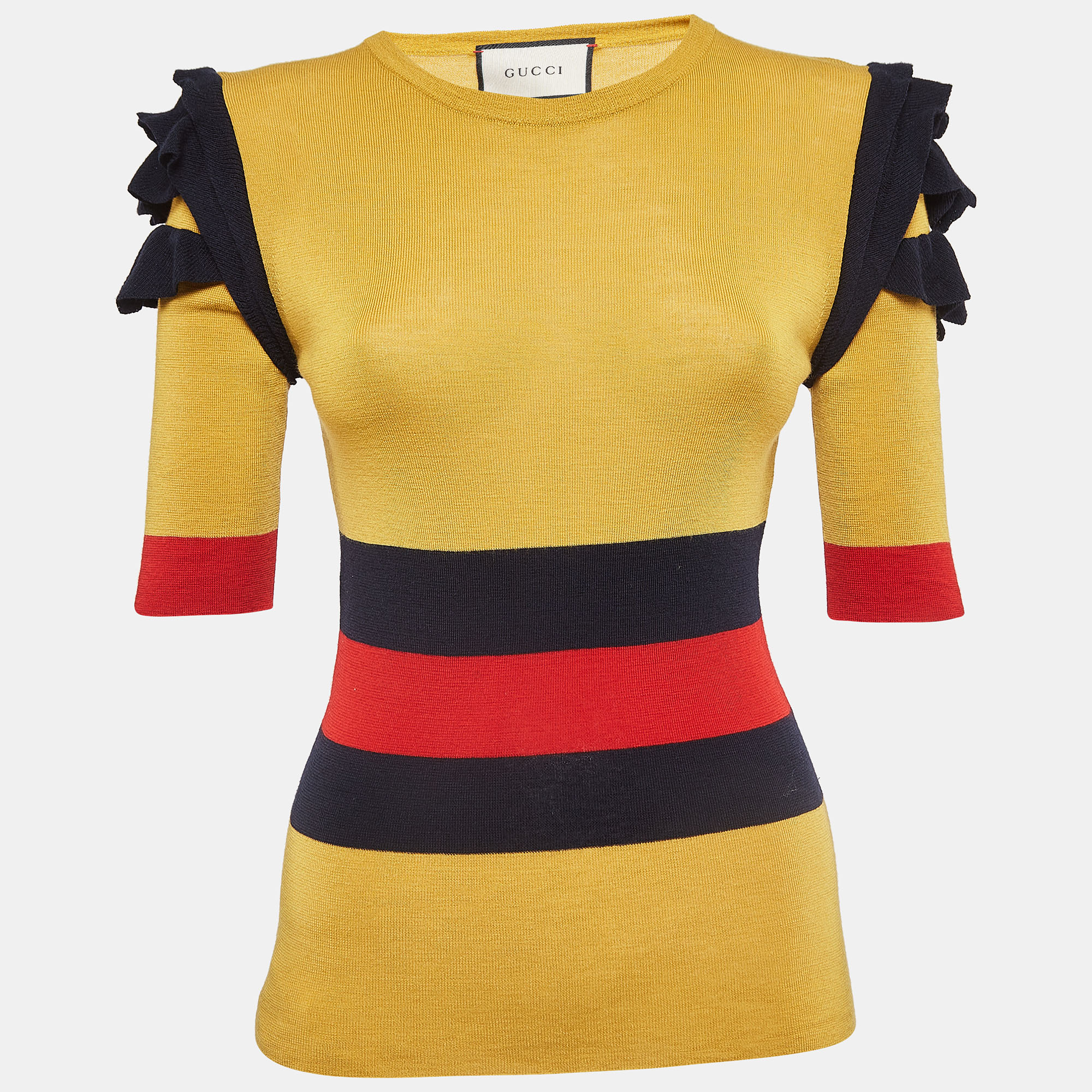 Pre-owned Gucci Yellow Striped Knit Top M