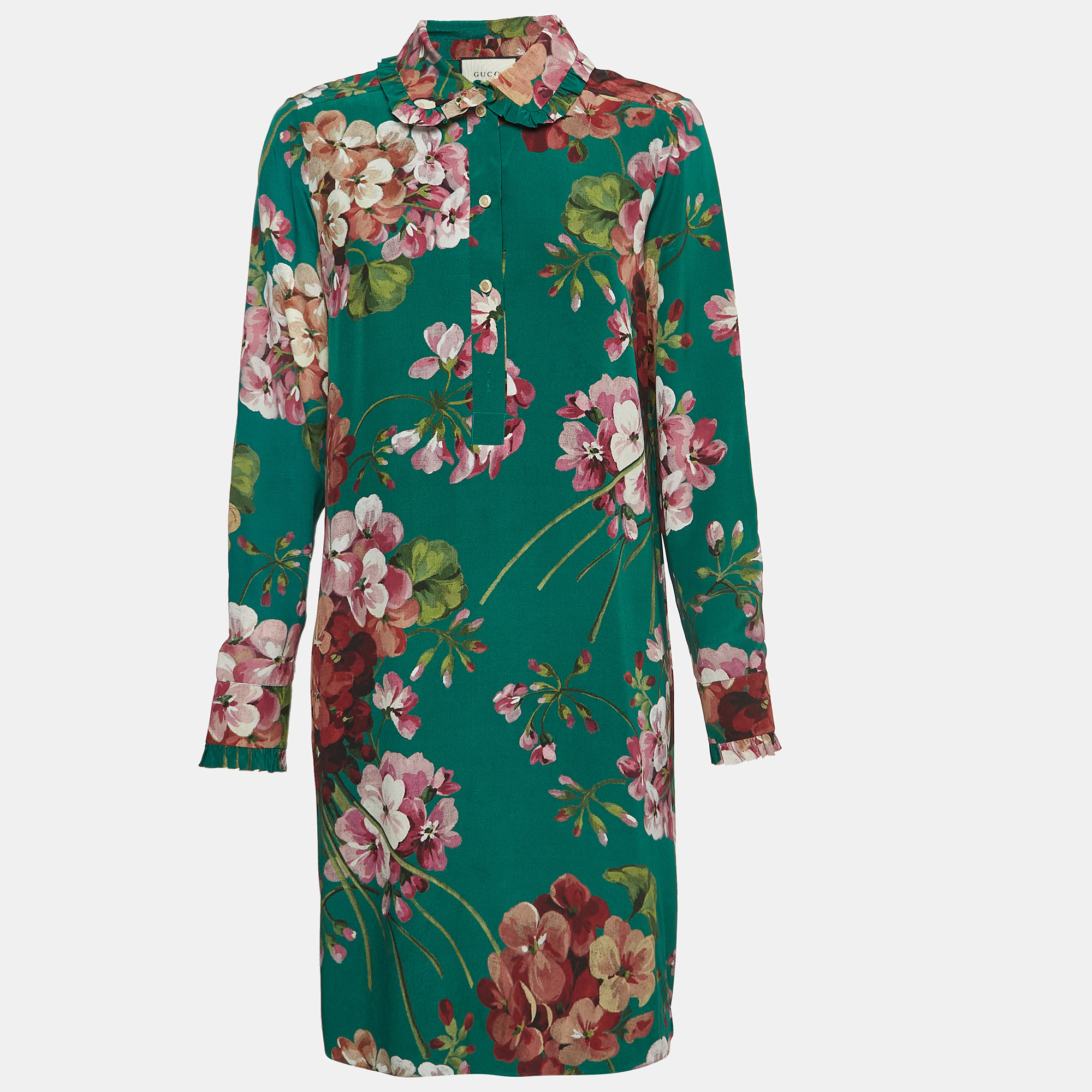Pre-owned Gucci Green Floral Print Silk Shirt Dress M