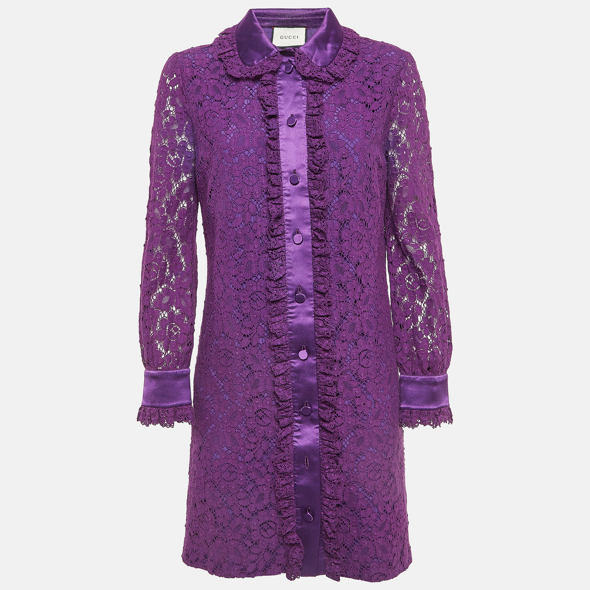 Pre-owned Gucci Purple Lace Satin Trimmed Shirt Dress M