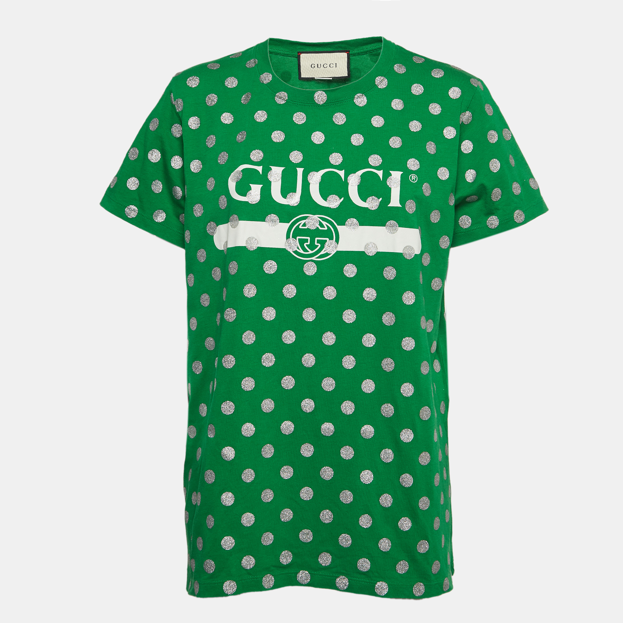 

Gucci Green Glitter Polka Dot Logo Print Cotton Crew Neck T-Shirt