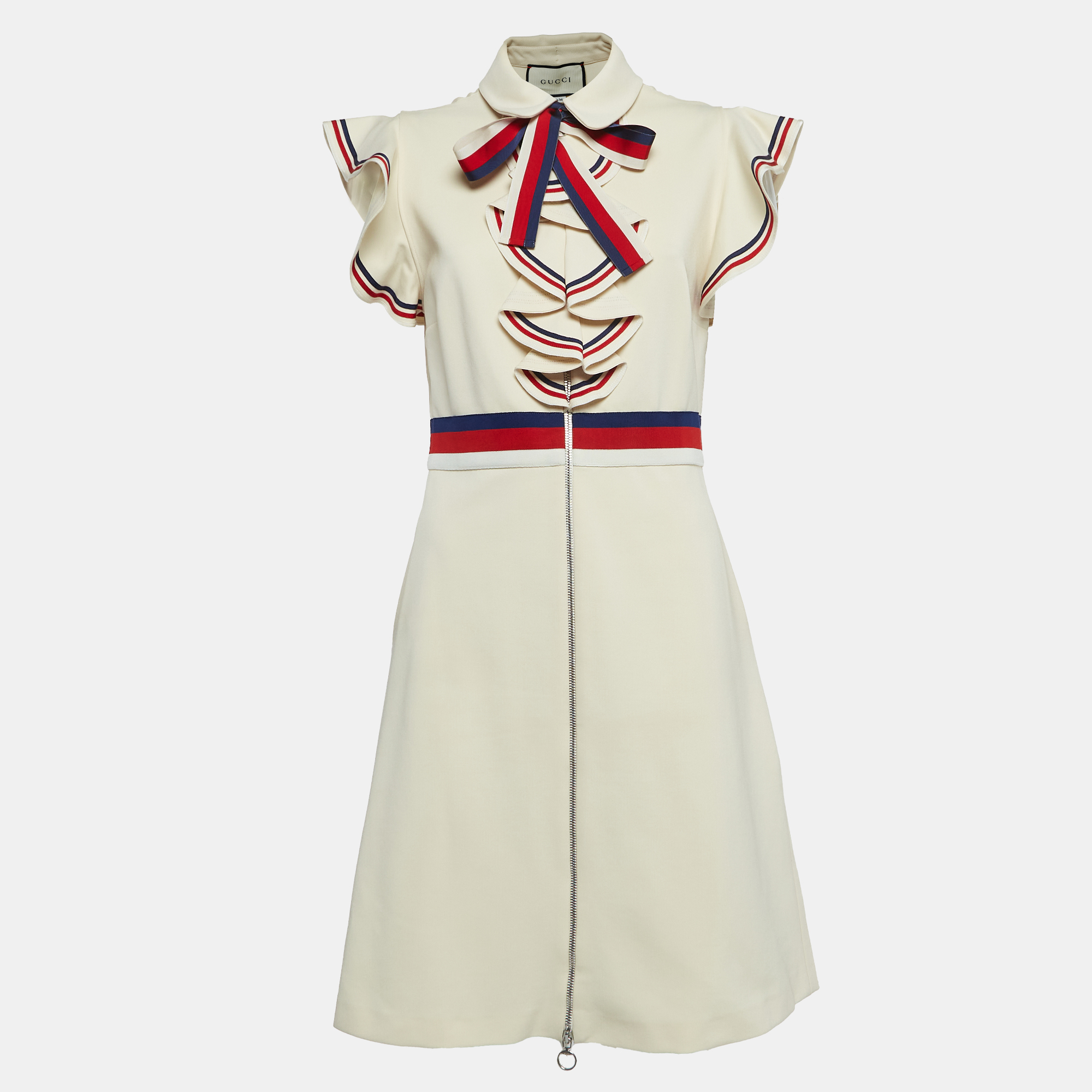 

Gucci Cream Stretch Jersey Sylvie Web Trim Ruffled Dress