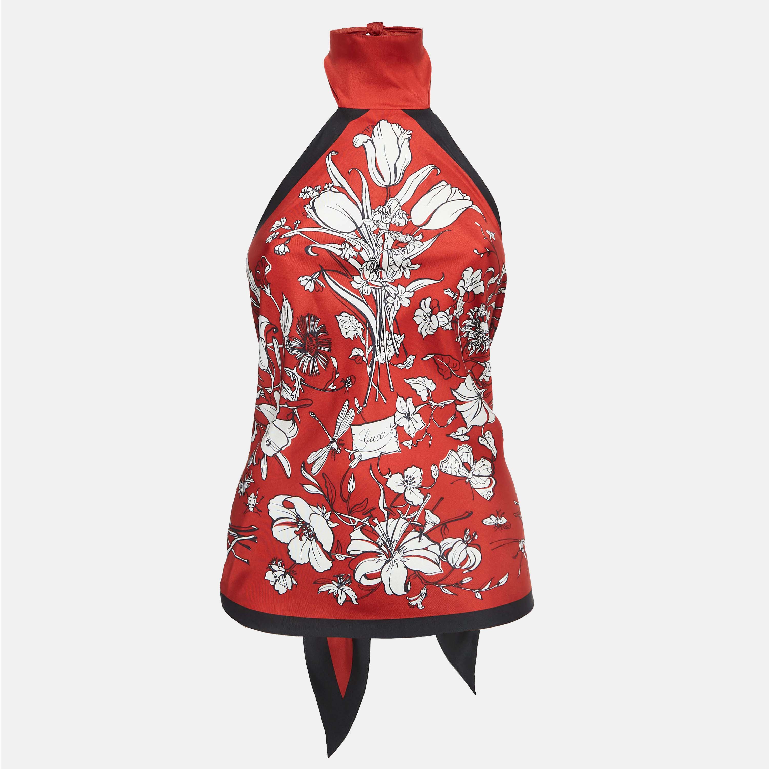 

Gucci Red Floral Print Silk Halter Neck Back Tie Scarf Top