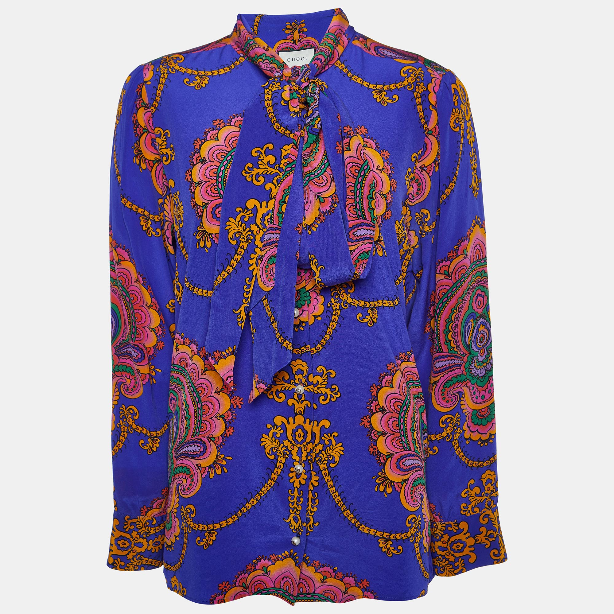 Pre-owned Gucci Blue Paisley Print Silk Button Front Blouse M