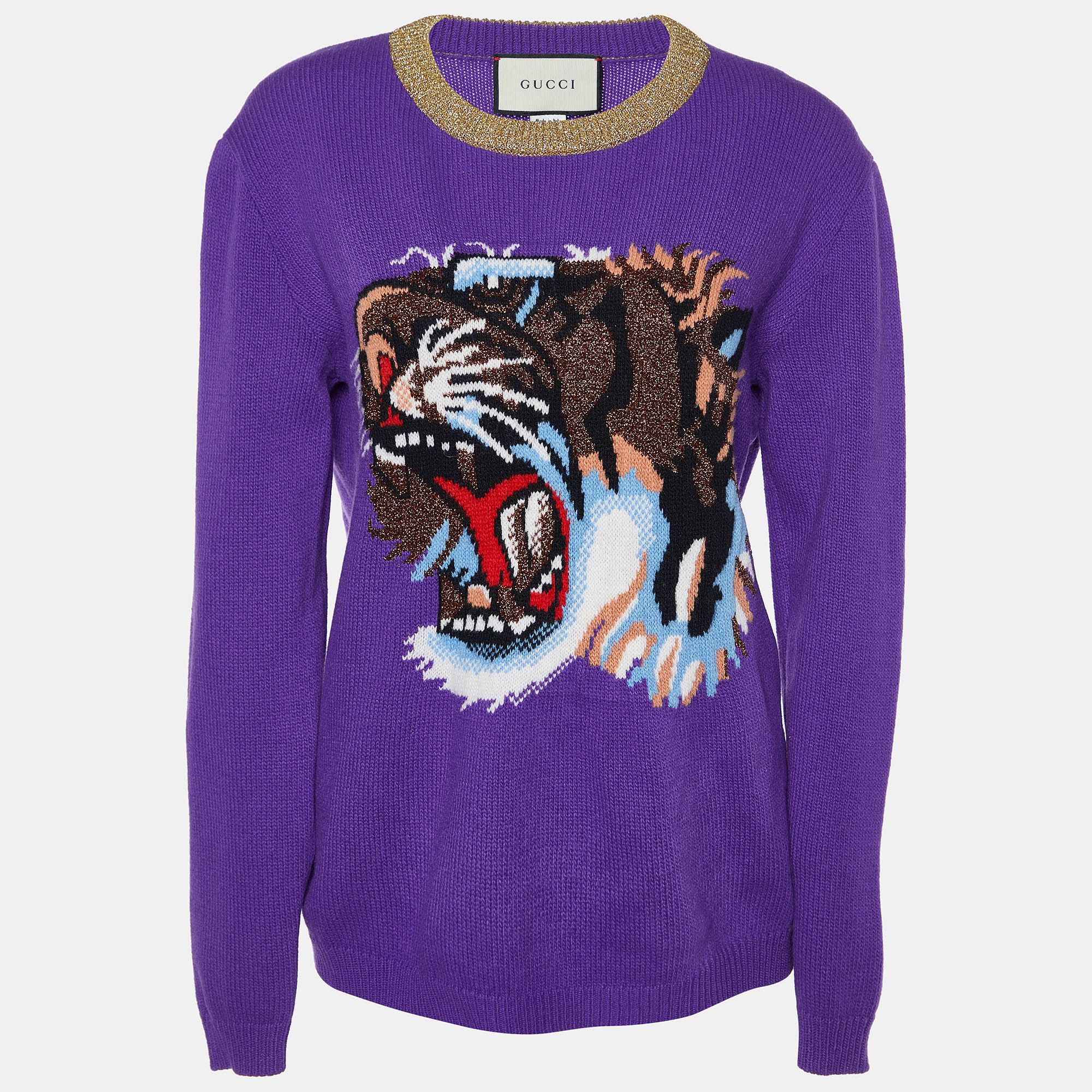 Pre-owned Gucci Purple Tiger Intarsia Knit Long Sleeve Jumper M