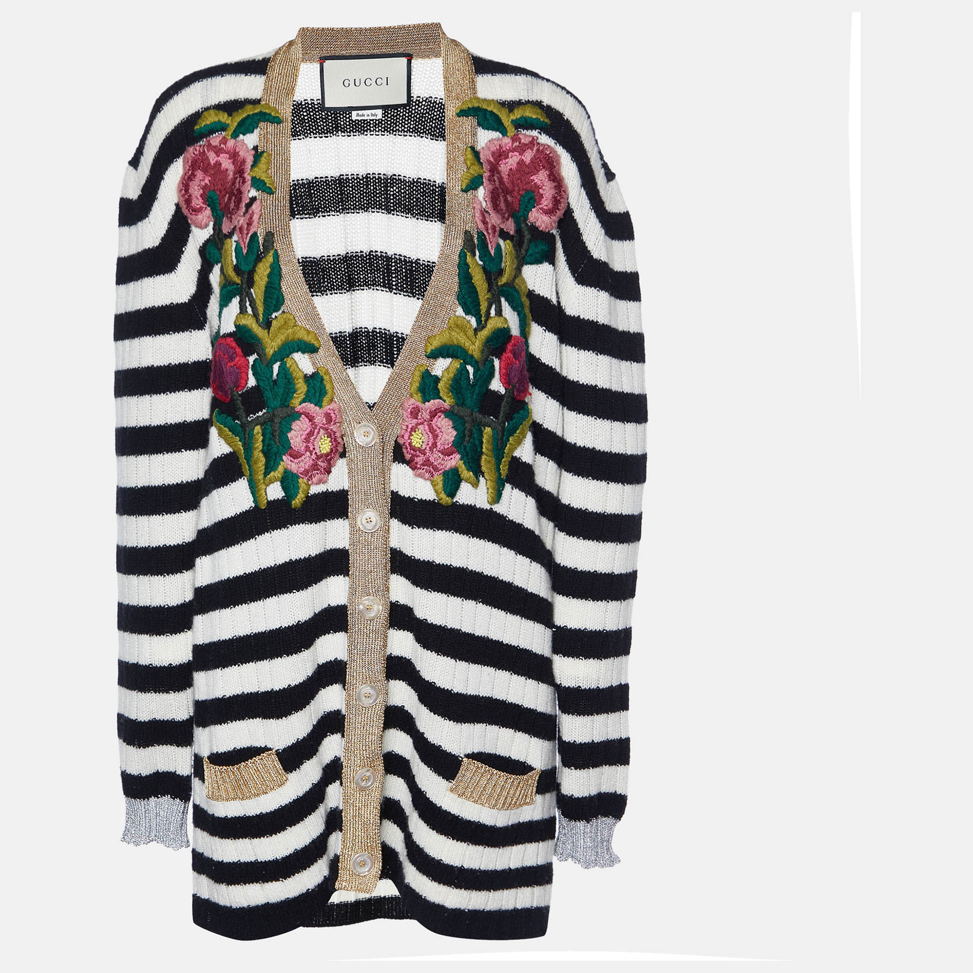 Pre-owned Gucci Monochrome Striped Cashmere & Wool Knit Embroidered Cardigan M In White
