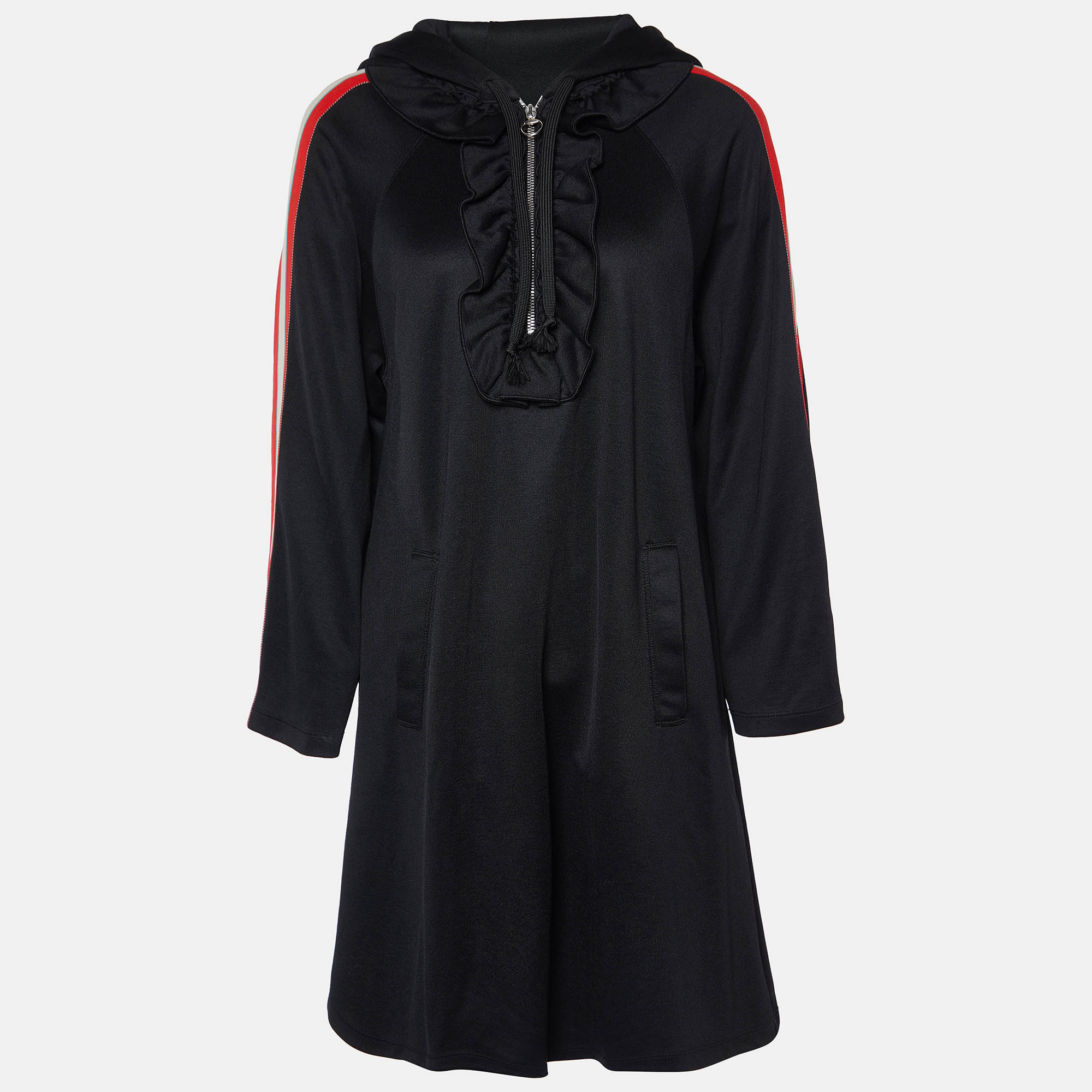 Pre-owned Gucci Black Knit Stripe Sleeve Detail Hooded Mini Dress M