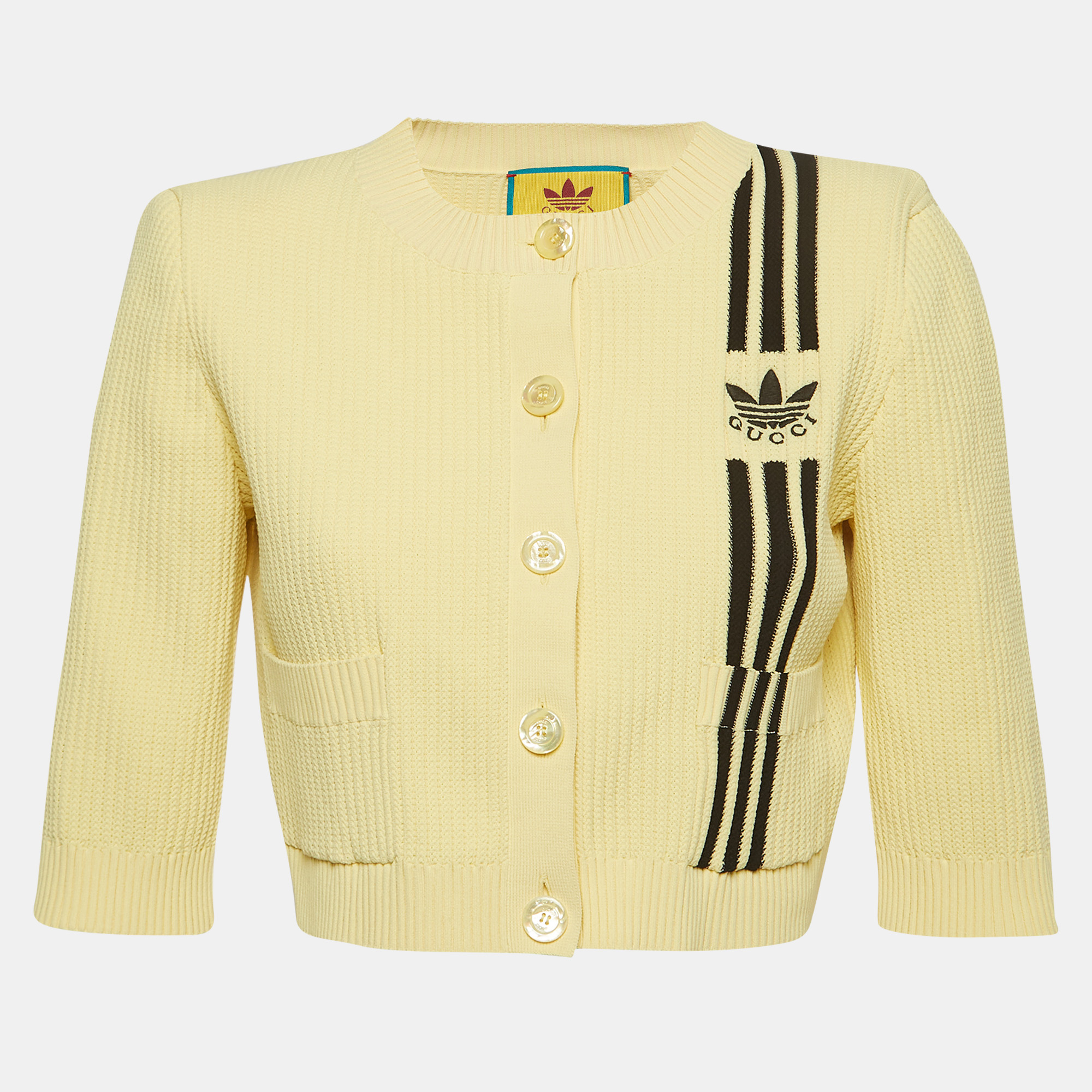 

Gucci X Adidas Yellow Rib Knit Buttoned Crop Cardigan