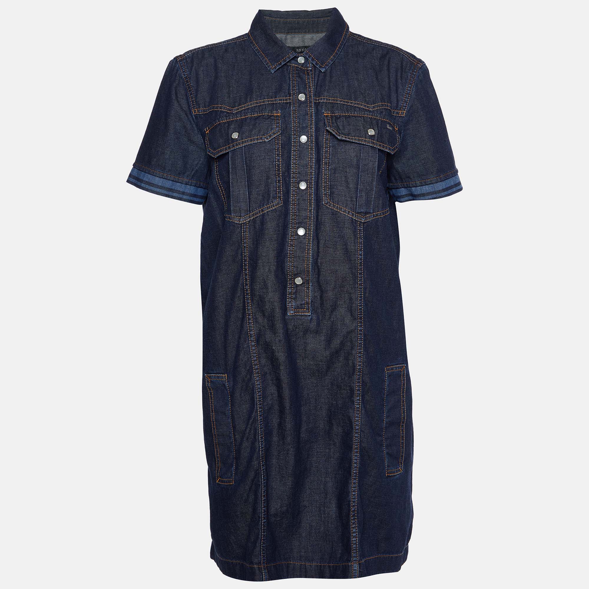 Pre-owned Gucci Blue Denim Button Front Shirt Dress L