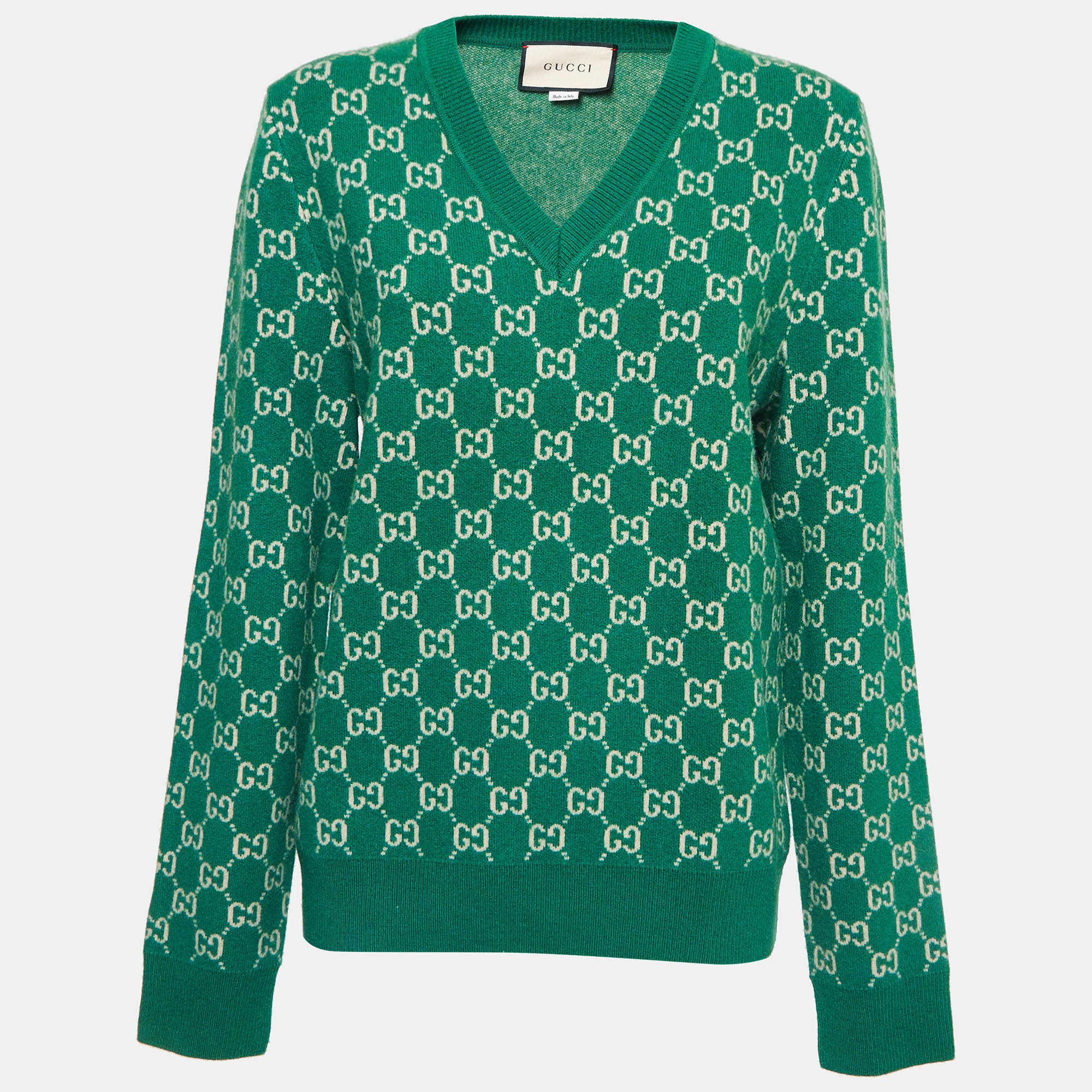 

Gucci Green GG Web Intarsia Wool V-Neck Sweater S