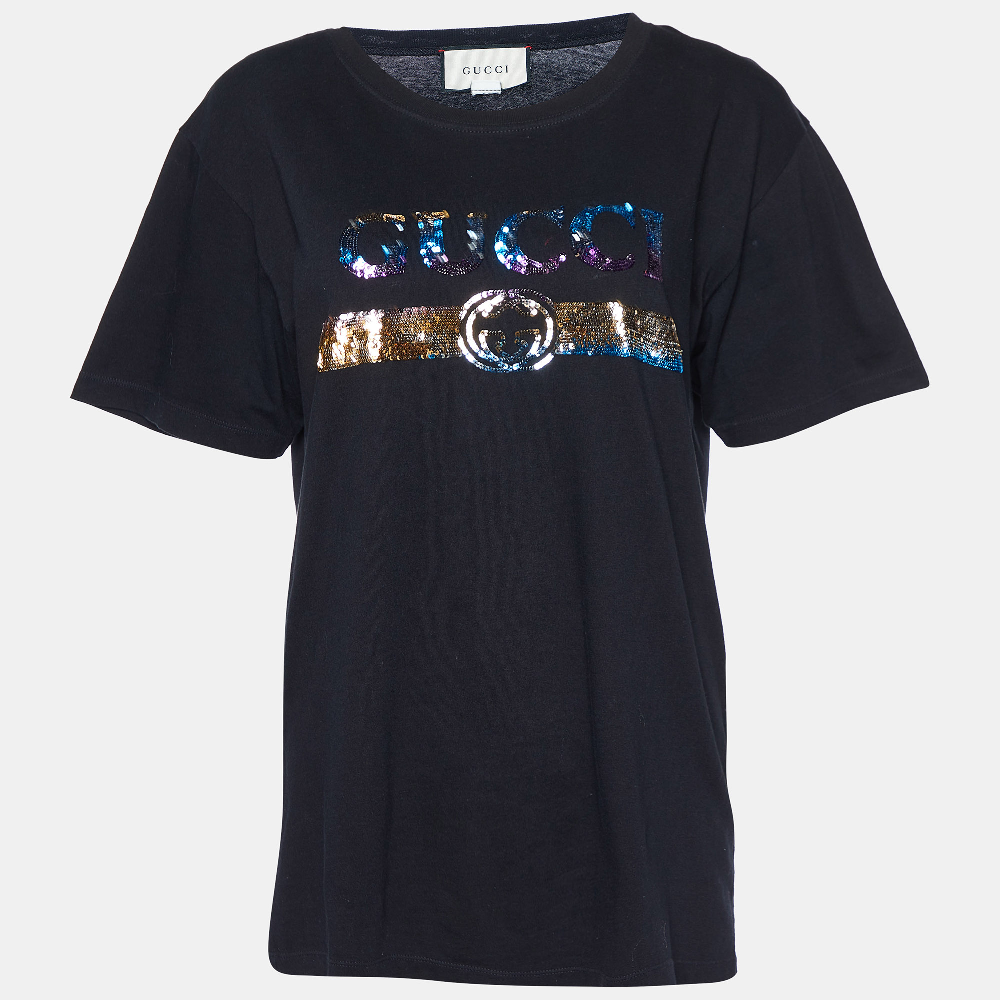 Pre-owned Gucci Black Cotton Logo Sequin Embellished Crew Neck T-shirt S