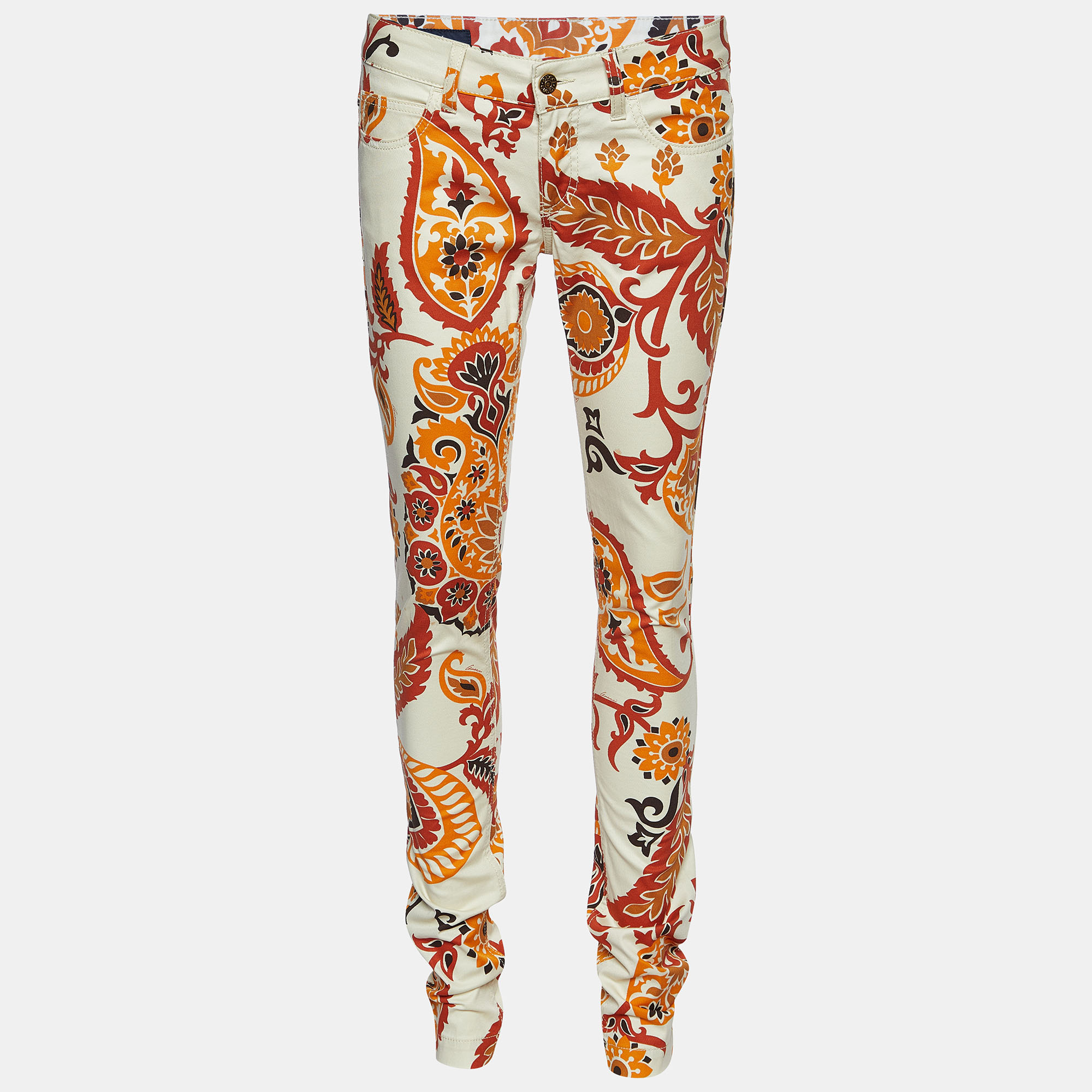 Pre-owned Gucci Cream Paisley Print Cotton New Leggings Pants S/waist 30"