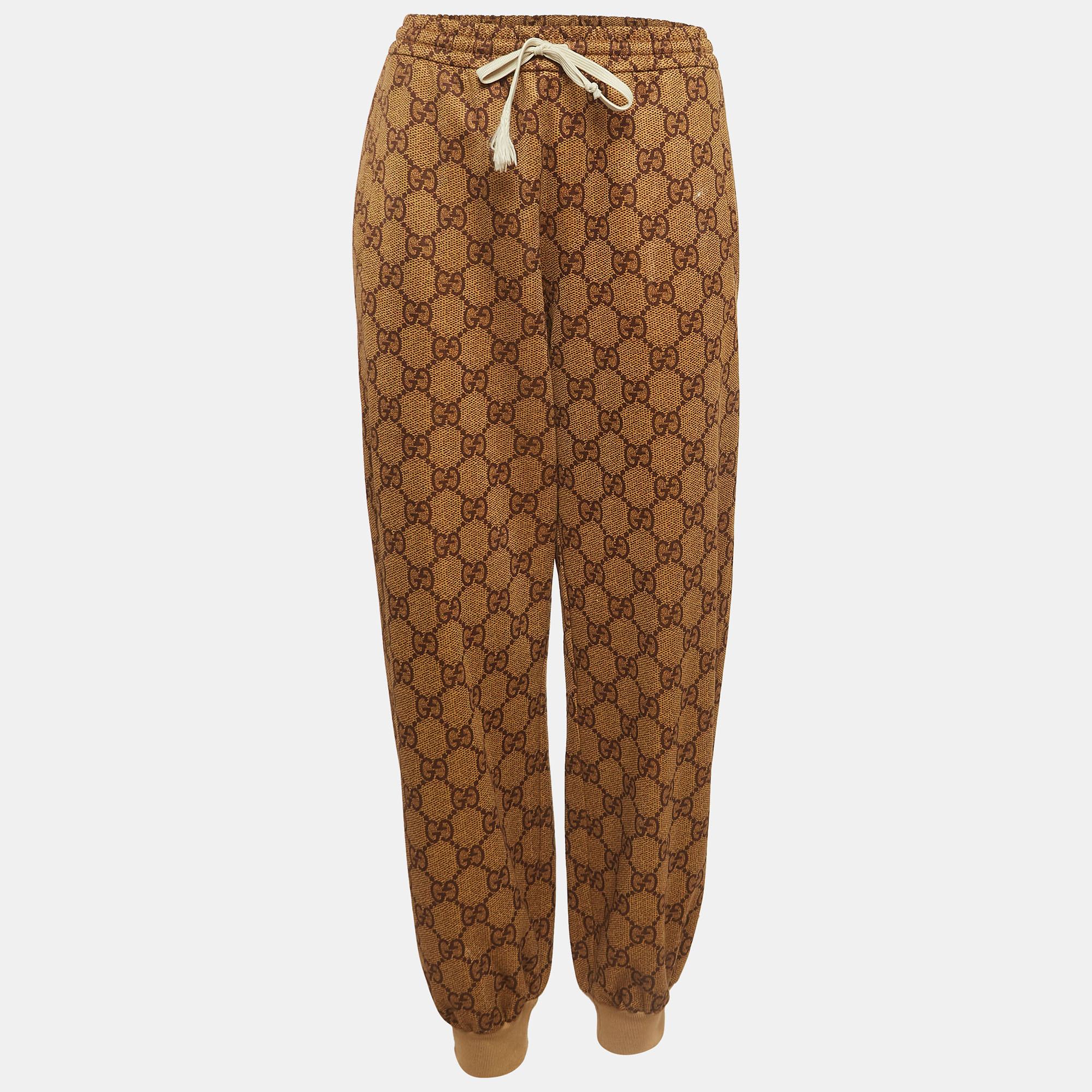 Pre-owned Gucci Brown Gg Monogram Print Jersey Track Pants M